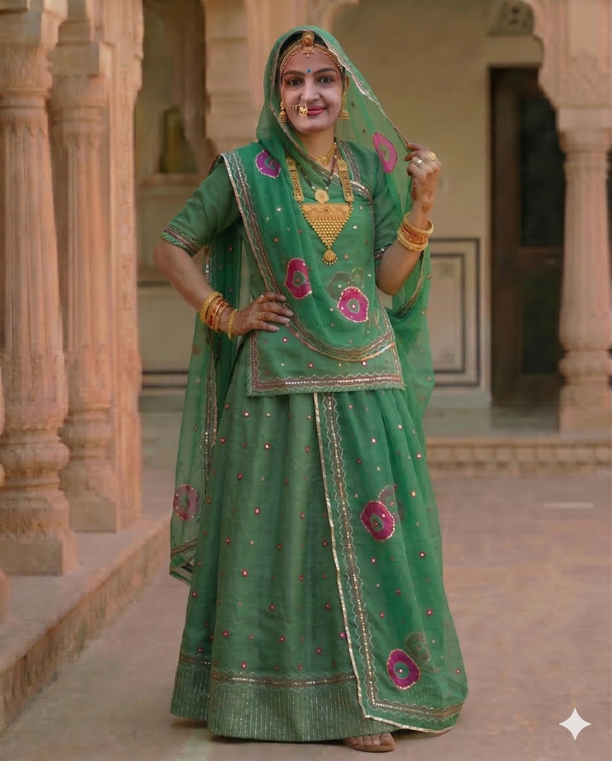 Woman in a green traditional outfit with floral patterns standing in an architectural setting.
