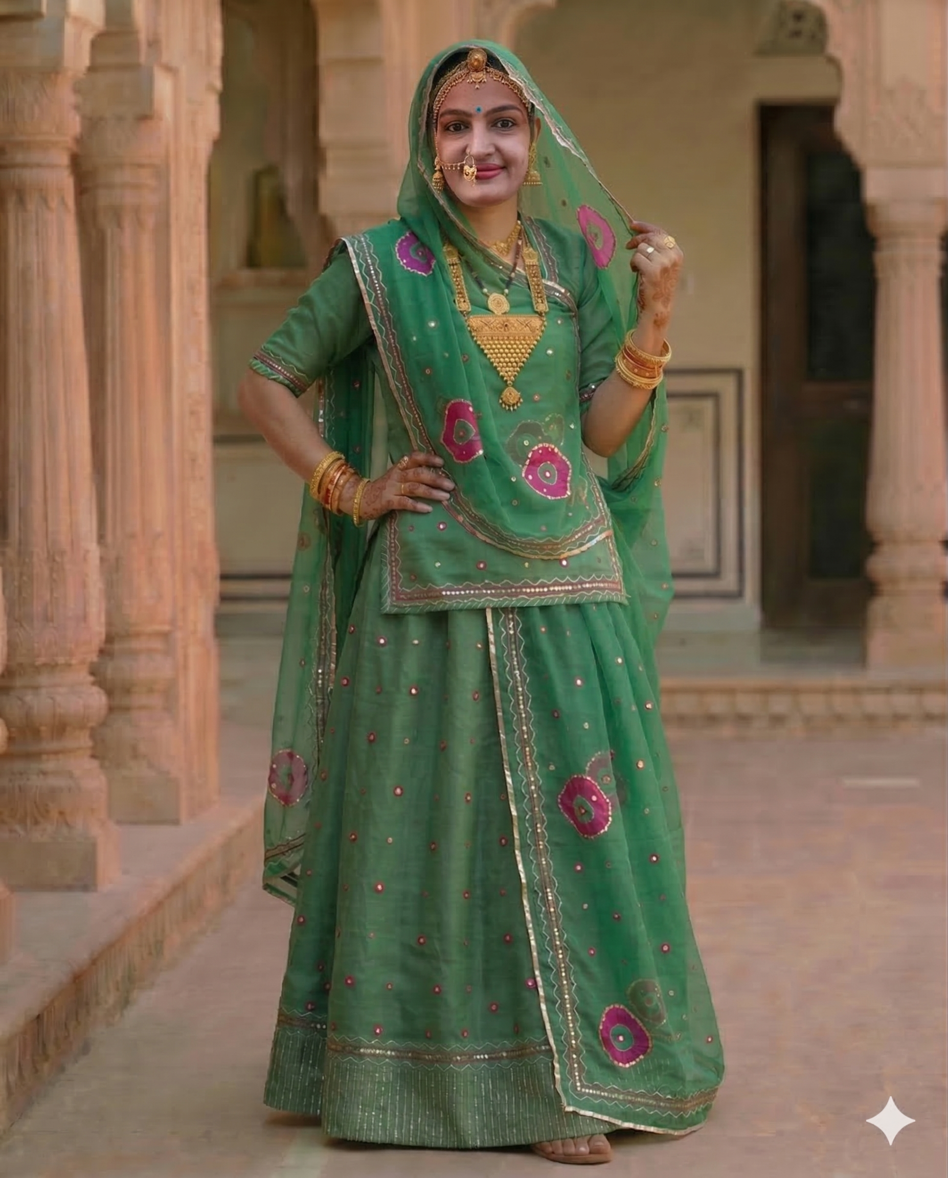 Woman in a green traditional outfit with floral patterns standing in an architectural setting.