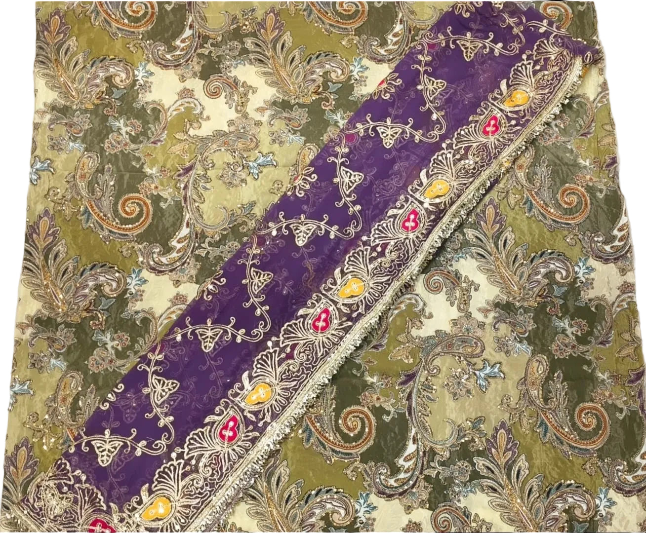 A traditional embroidered fabric, likely an unstitched salwar kameez or dupatta set, featuring a green and beige paisley pattern with a prominent purple border decorated with gold zari embroidery and small red and yellow floral accents.