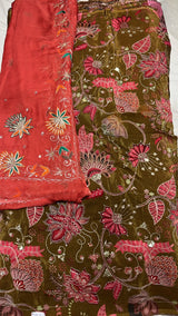 Premium mehandi Pimpal Pata Pure Fabric with Zari Work & Thread Embroidery | Rajputi Poshak Dress Material