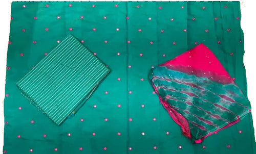 Rajputi Poshak – Mukesh Tari Tissue Pure – Peacock Teal Green & Rani Pink with Pink Leheriya Odhni