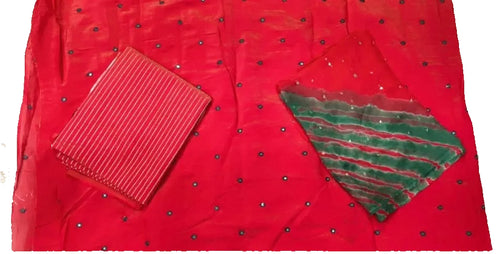 Pink Pure Tissue Mukesh Tari Rajputi Poshak Fabric with Green Leheriya Odhni | Traditional Rajasthani Dress Material