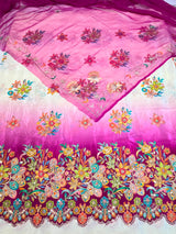Pink & Purple Cutwork Border Pure Natural Crepe Rajputi Poshak Fabric with Zari Embroidery Work | Designer Dress Material