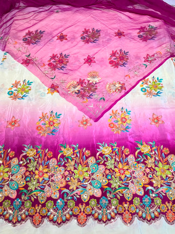 Pink & Purple Cutwork Border Pure Natural Crepe Rajputi Poshak Fabric with Zari Embroidery Work | Designer Dress Material