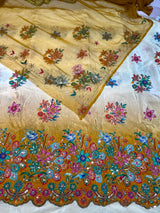 Mustard Yellow & Off White Cutwork Border Pure Rajputi Poshak | Natural Crepe Fabric | Zari Work Embroidery