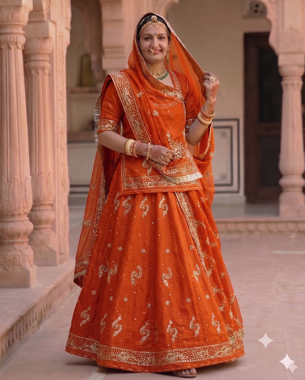 Burnt Orange Khuli Bunti Rajputi Poshak with Thakurji Pure Odhni | Natural Crepe Fabric | Heavy Zardoji Work | Traditional Rajasthani Bridal Wear