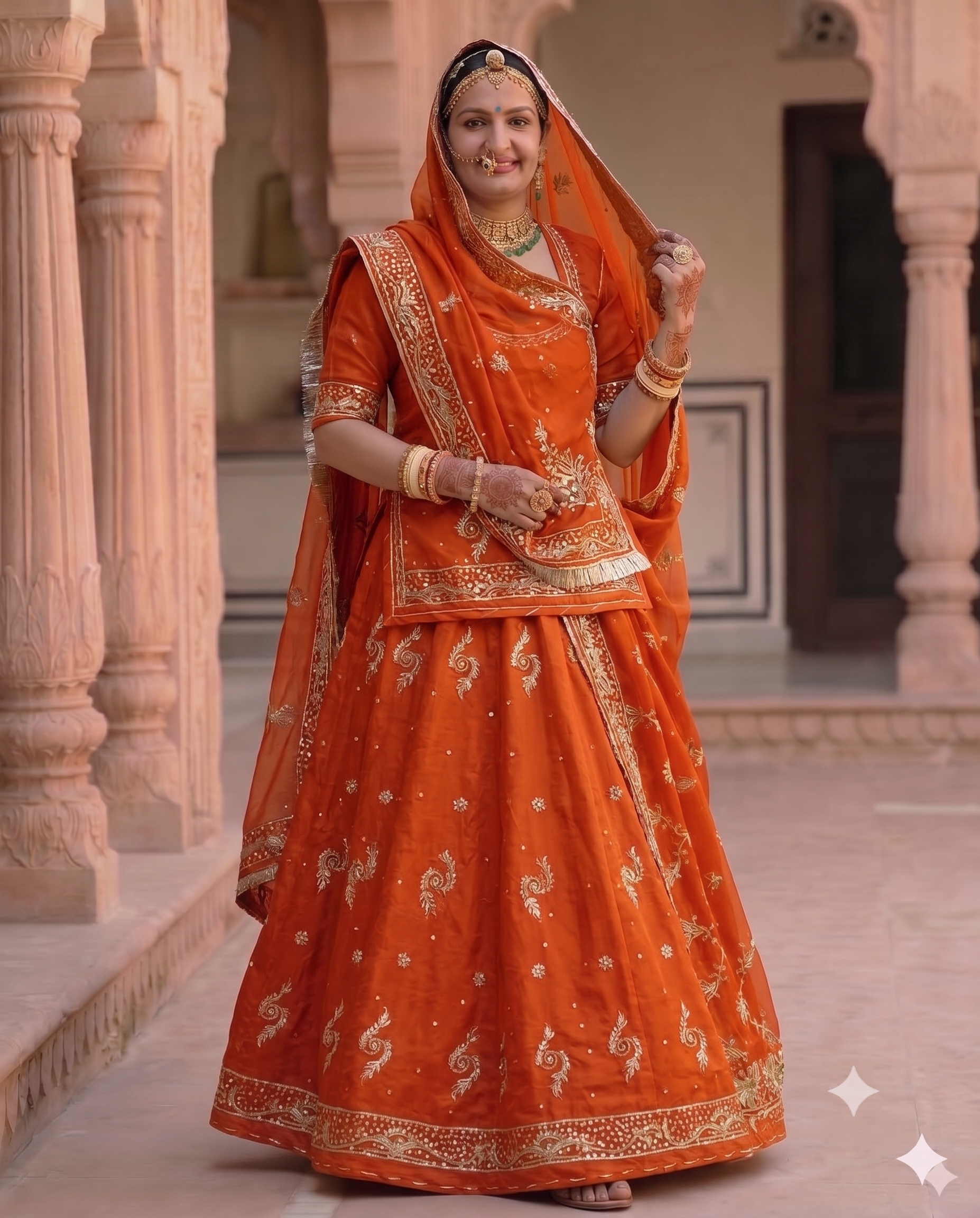 Burnt Orange Khuli Bunti Rajputi Poshak with Thakurji Pure Odhni | Natural Crepe Fabric | Heavy Zardoji Work | Traditional Rajasthani Bridal Wear