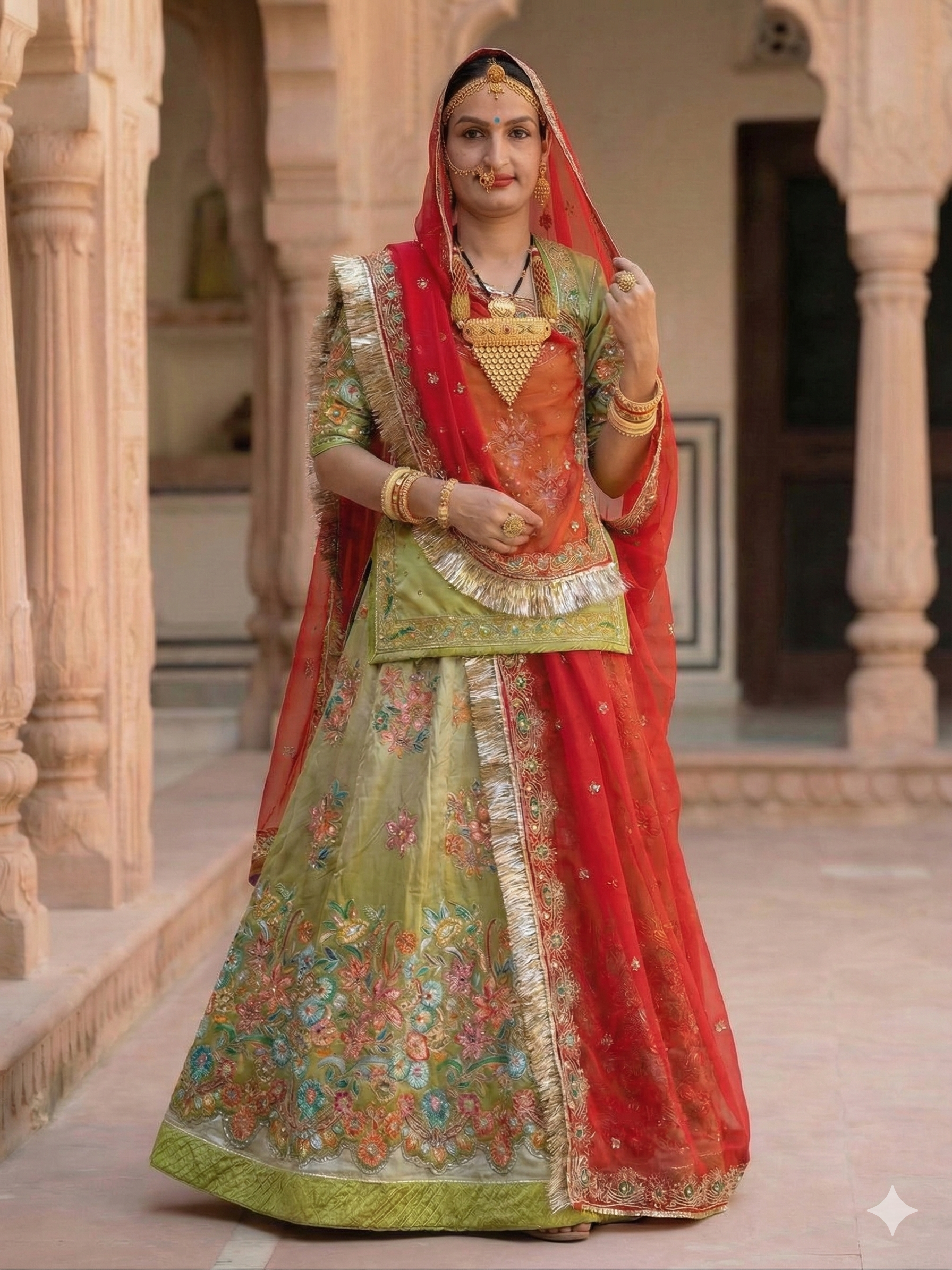 Woman in traditional red and green embroidered outfit standing in a decorative interior setting.