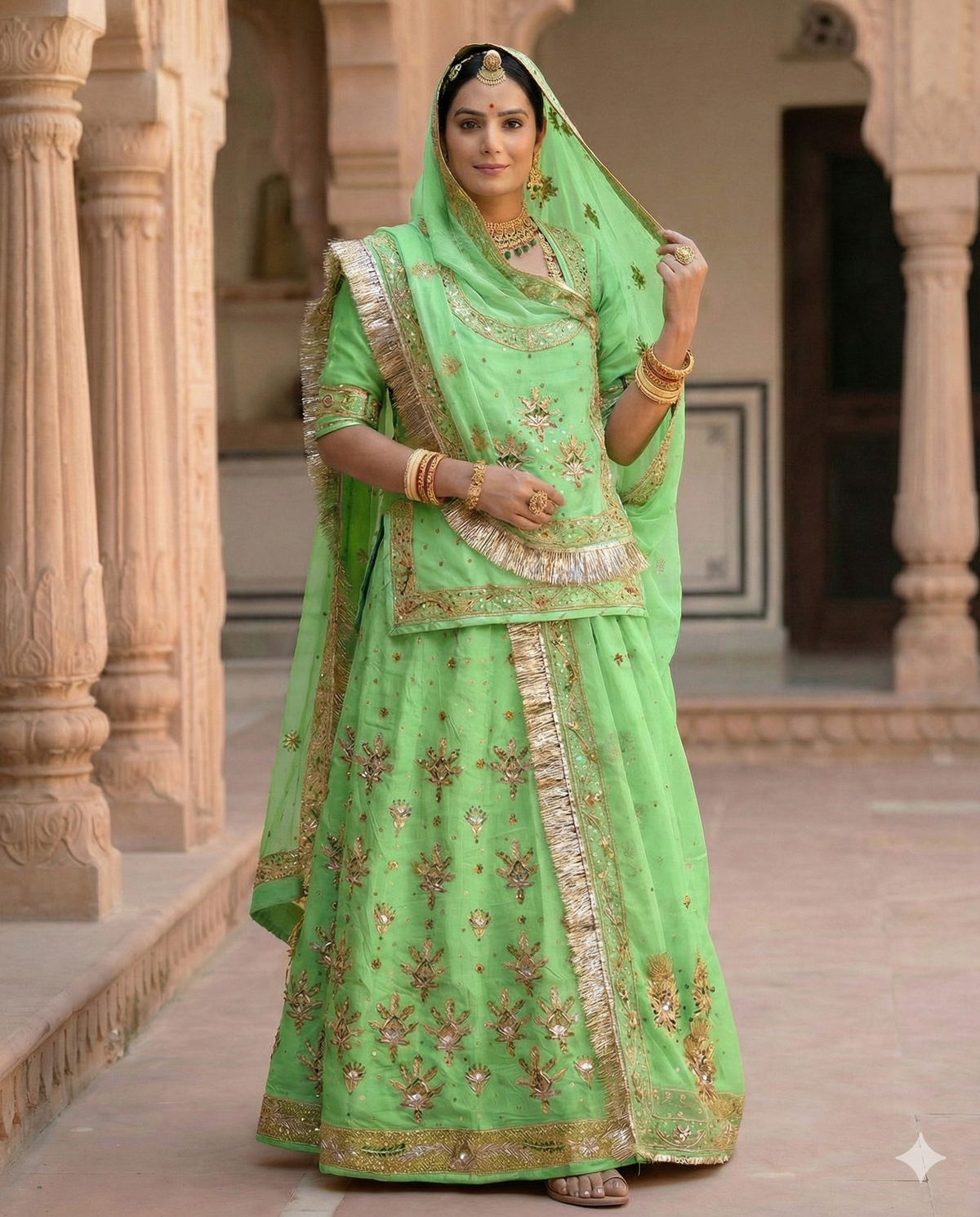 Thakurji pure Royal Mehendi Green Rajputi Poshak in Bember Satin with Zardozi, Dabka & Cutdana Handwork – Traditional Rajasthani Bridal Wear