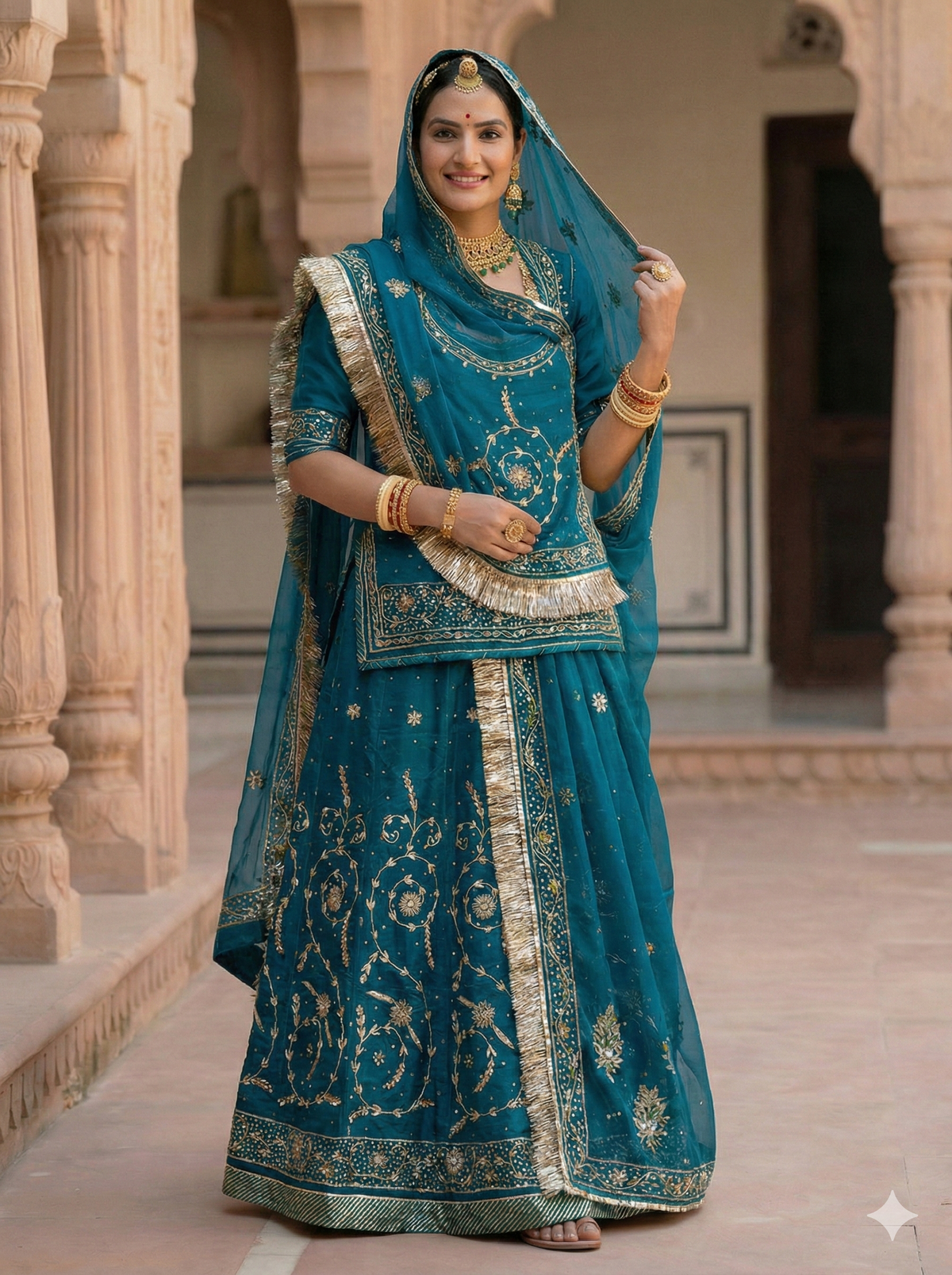 Woman in a traditional blue embroidered outfit standing in an architectural setting.