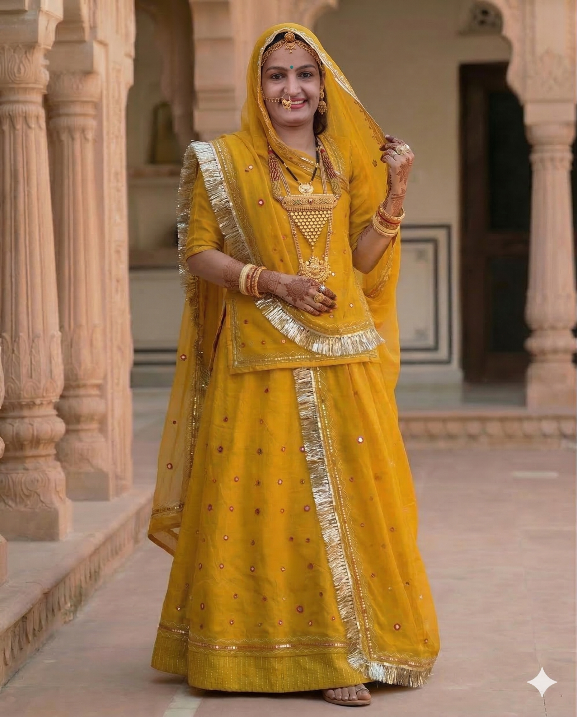 Woman in a yellow traditional outfit standing in an architectural setting.