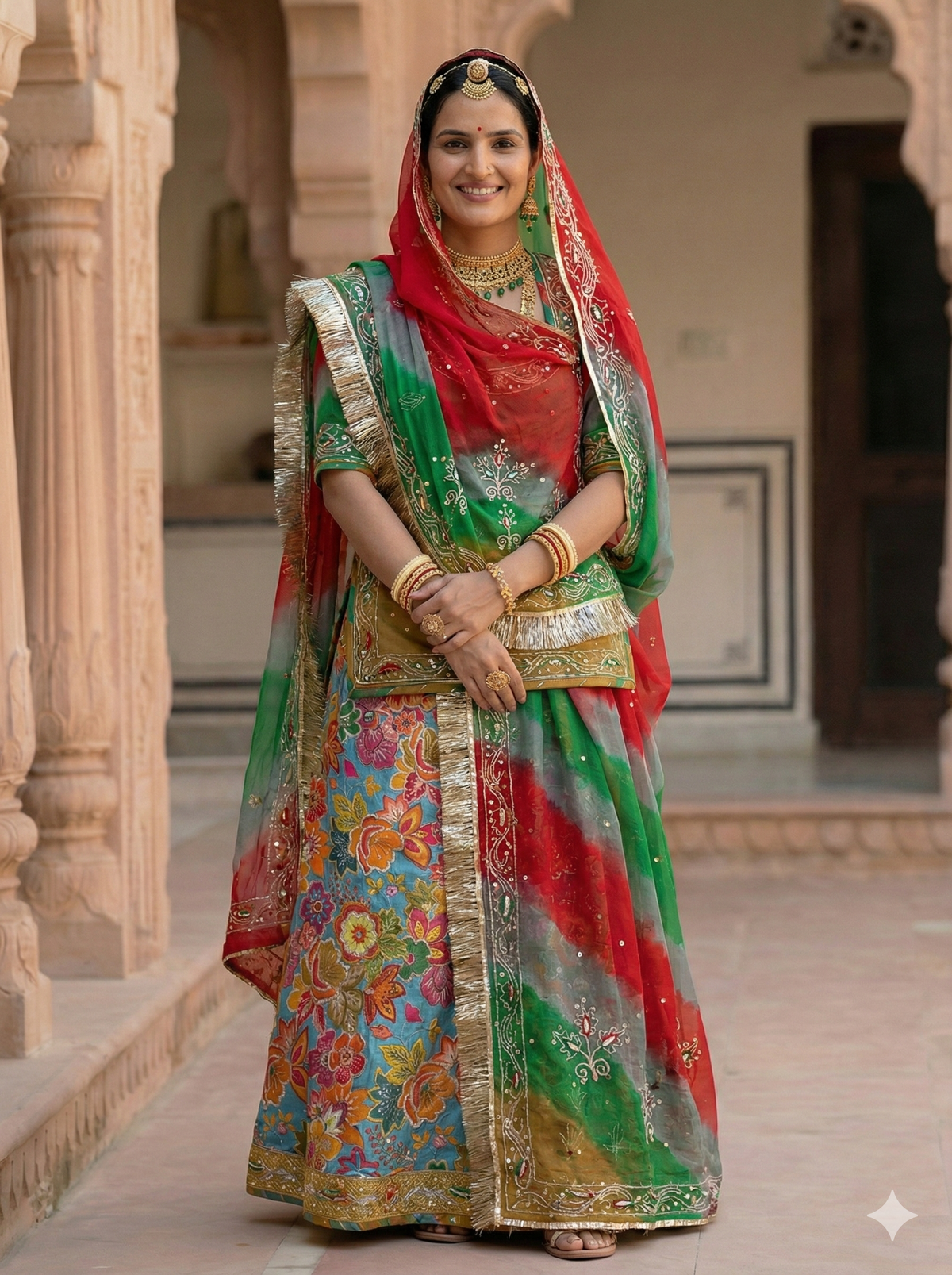 Woman in traditional multicolored outfit with red dupatta standing in a decorative interior setting.