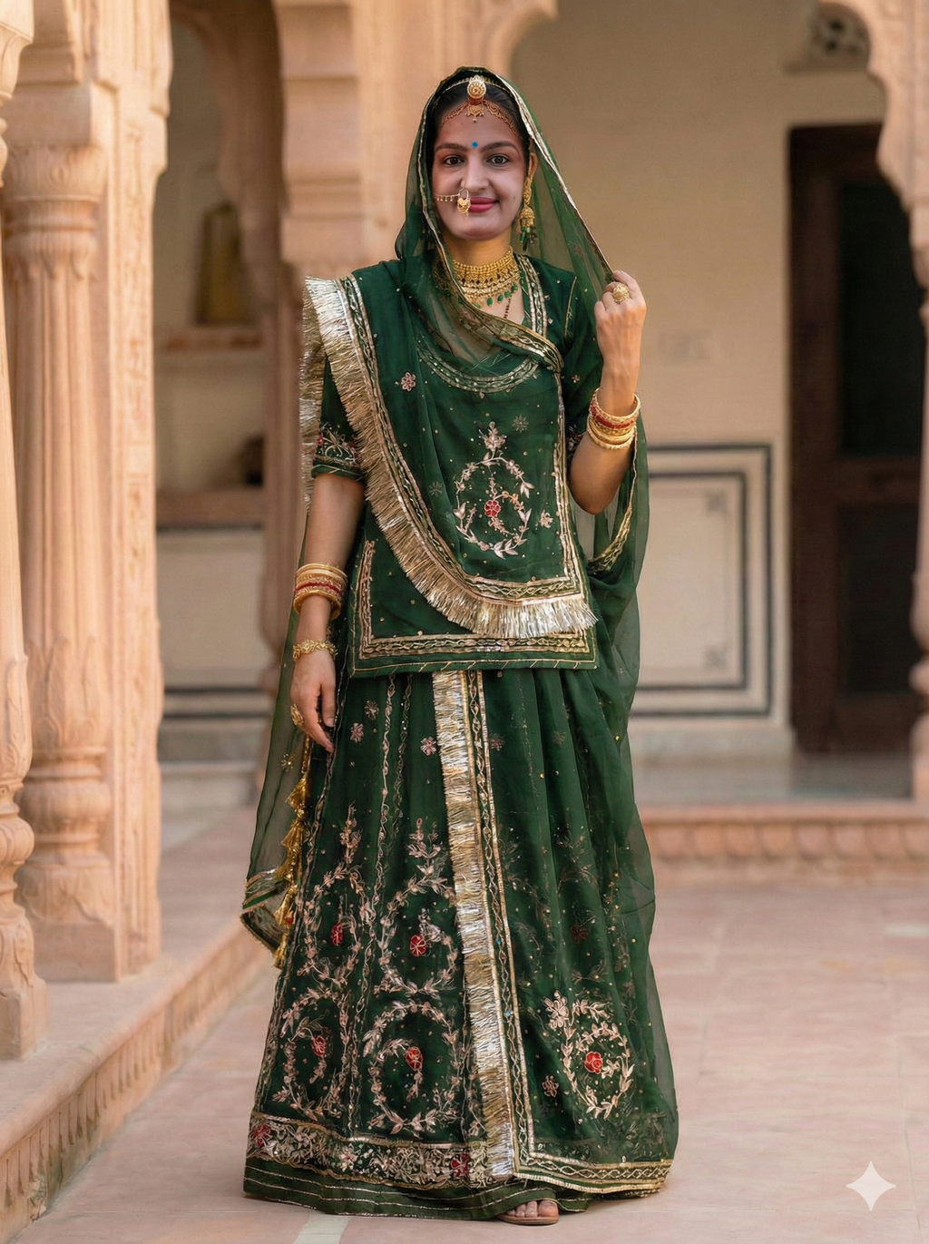 Woman in a green embroidered traditional outfit standing in an architectural setting.