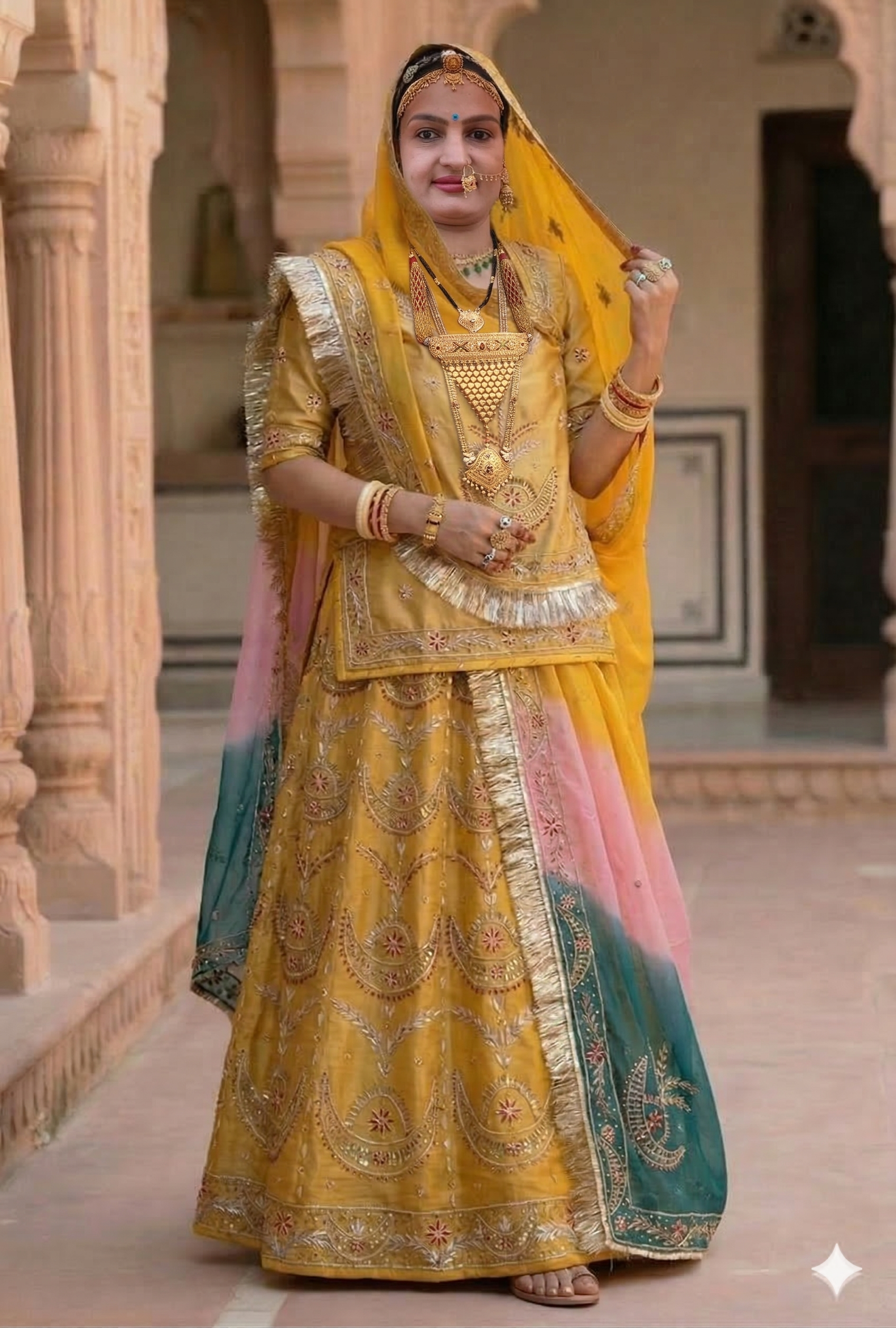 Royal Mustard Tissue Rajputi Poshak with Pure Odhni | Traditional Rajasthani Wedding Wear