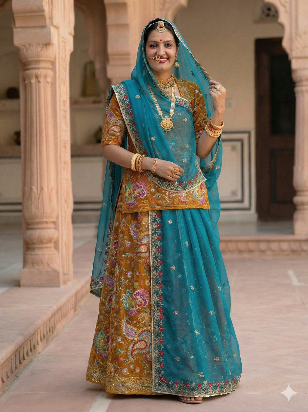 Woman in traditional turquoise and gold saree with jewelry, standing in a decorative interior setting.