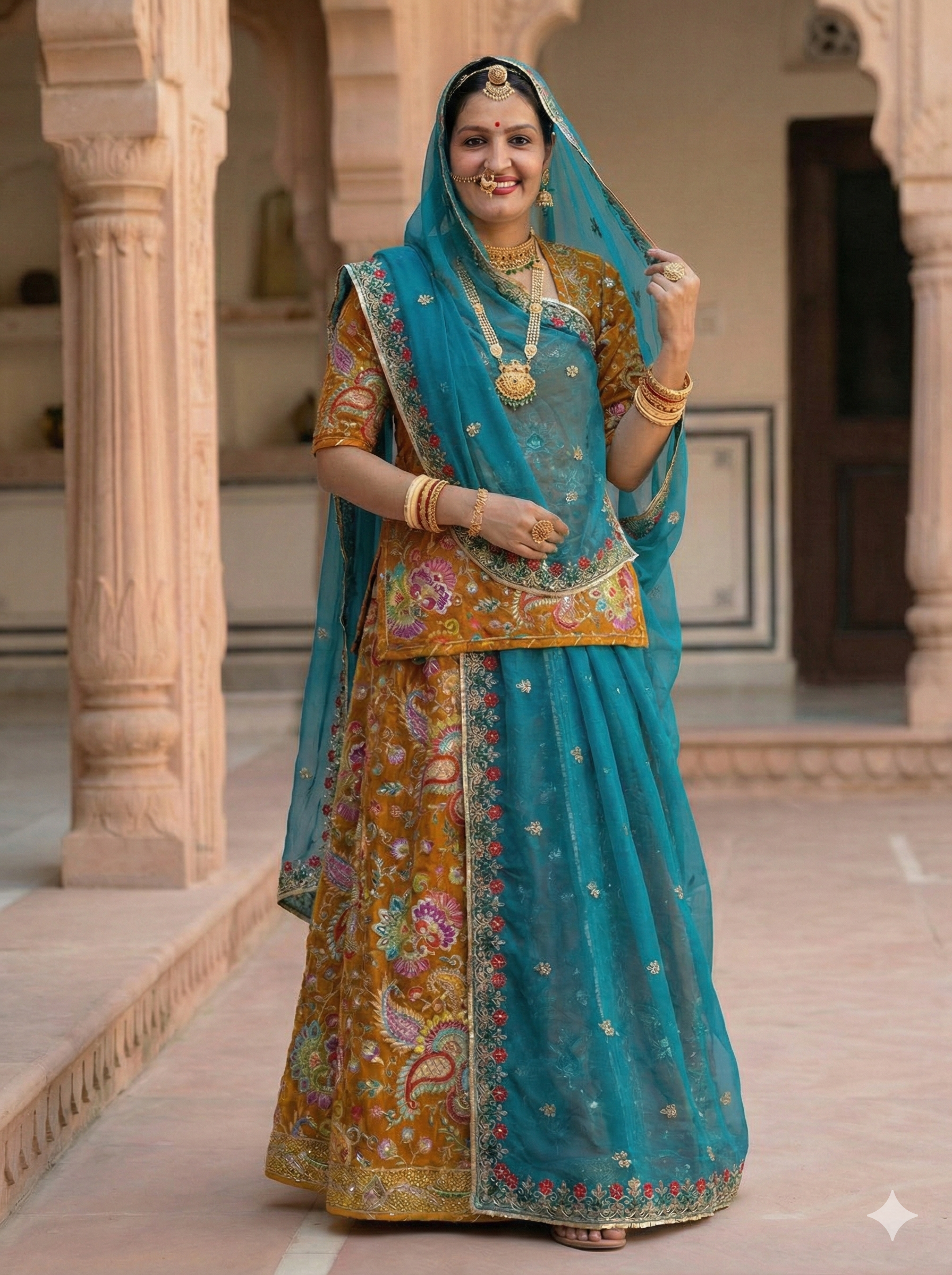 Woman in traditional turquoise and gold saree with jewelry, standing in a decorative interior setting.