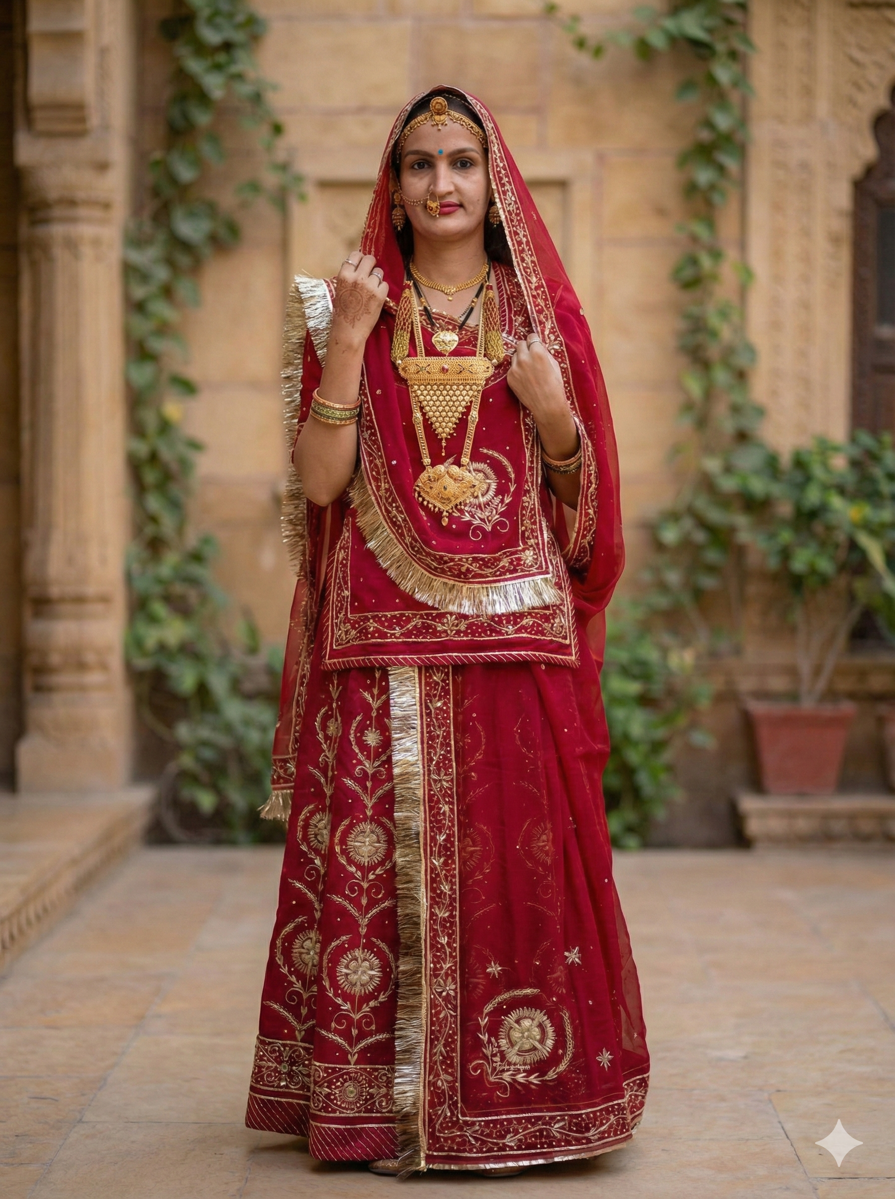 Woman in traditional red and gold outfit with jewelry, standing in a courtyard.