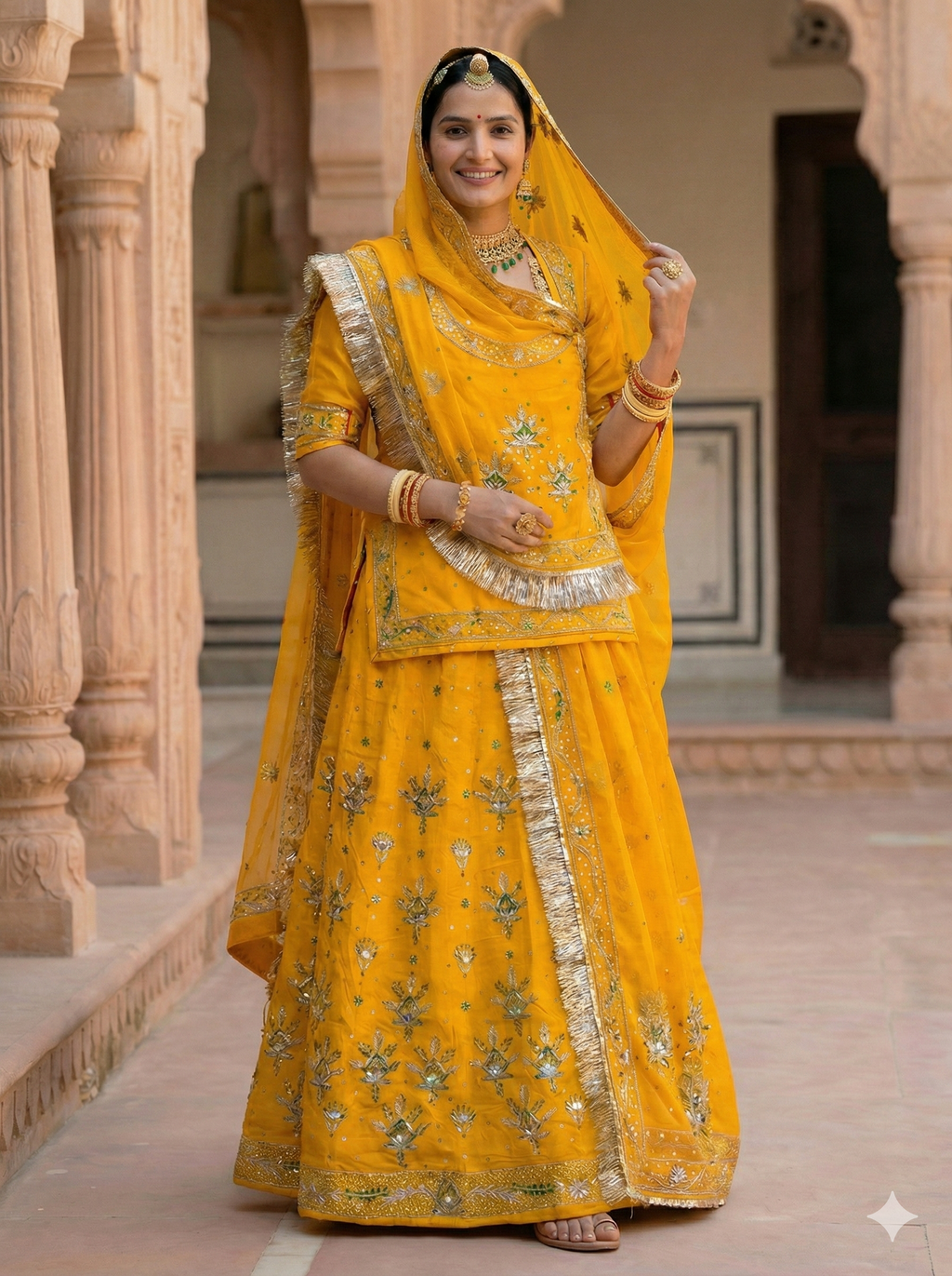Woman in a yellow traditional outfit with intricate designs standing in an architectural setting.
