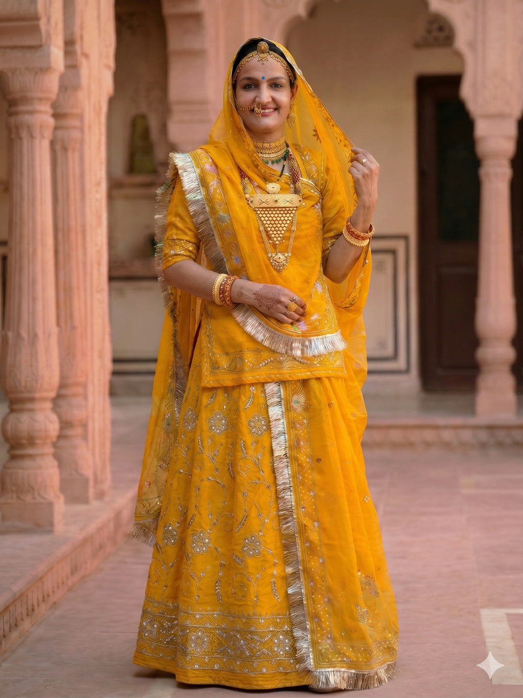 Rajputi Poshak – Natural Crepe – Royal Yellow with Thakhurji Odhni – Ganga Rajputi Poshak, Bikaner