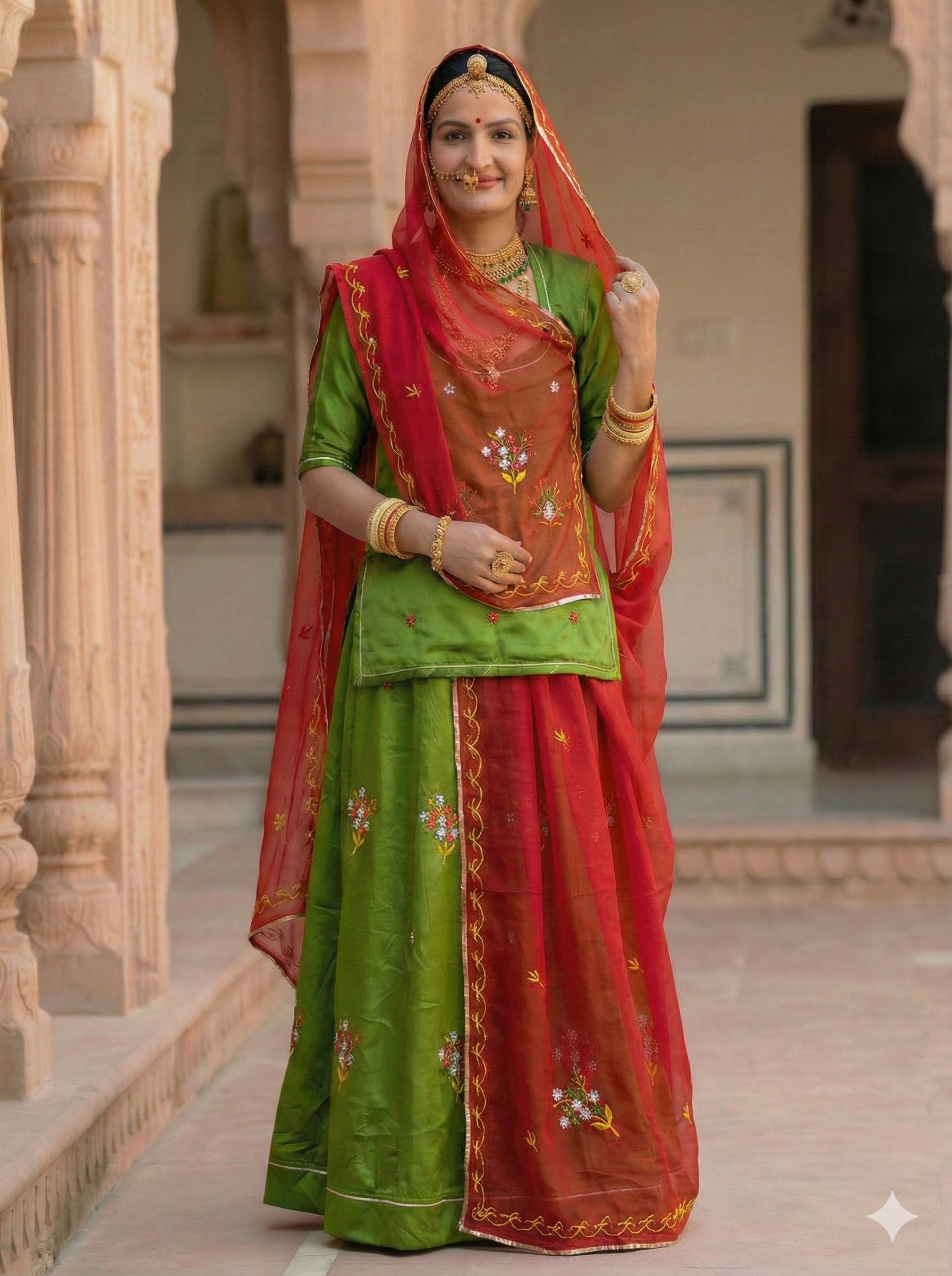 Woman in traditional red and green outfit standing in a decorative architectural setting