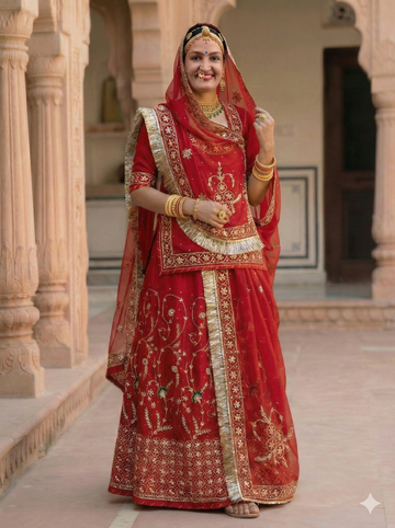 Rajputi Poshak – Bridal Handwork Bember Satin – Red with Thakurji Odhni – Ganga Rajputi Poshak, Bikaner