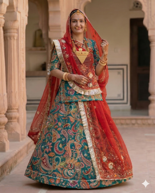Teal Embroidered Pure Kapda Lehenga Set with Odhni | Boutique Ethnic Wear