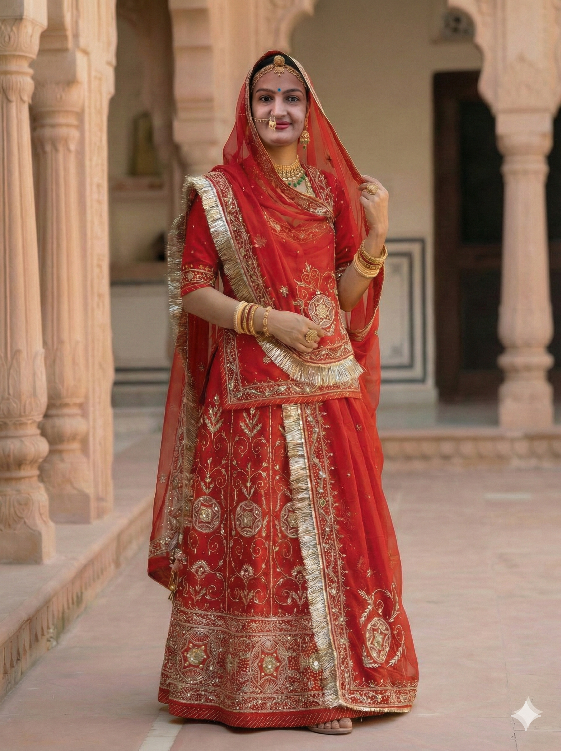 Woman in a traditional red embroidered saree with gold jewelry in an architectural setting.