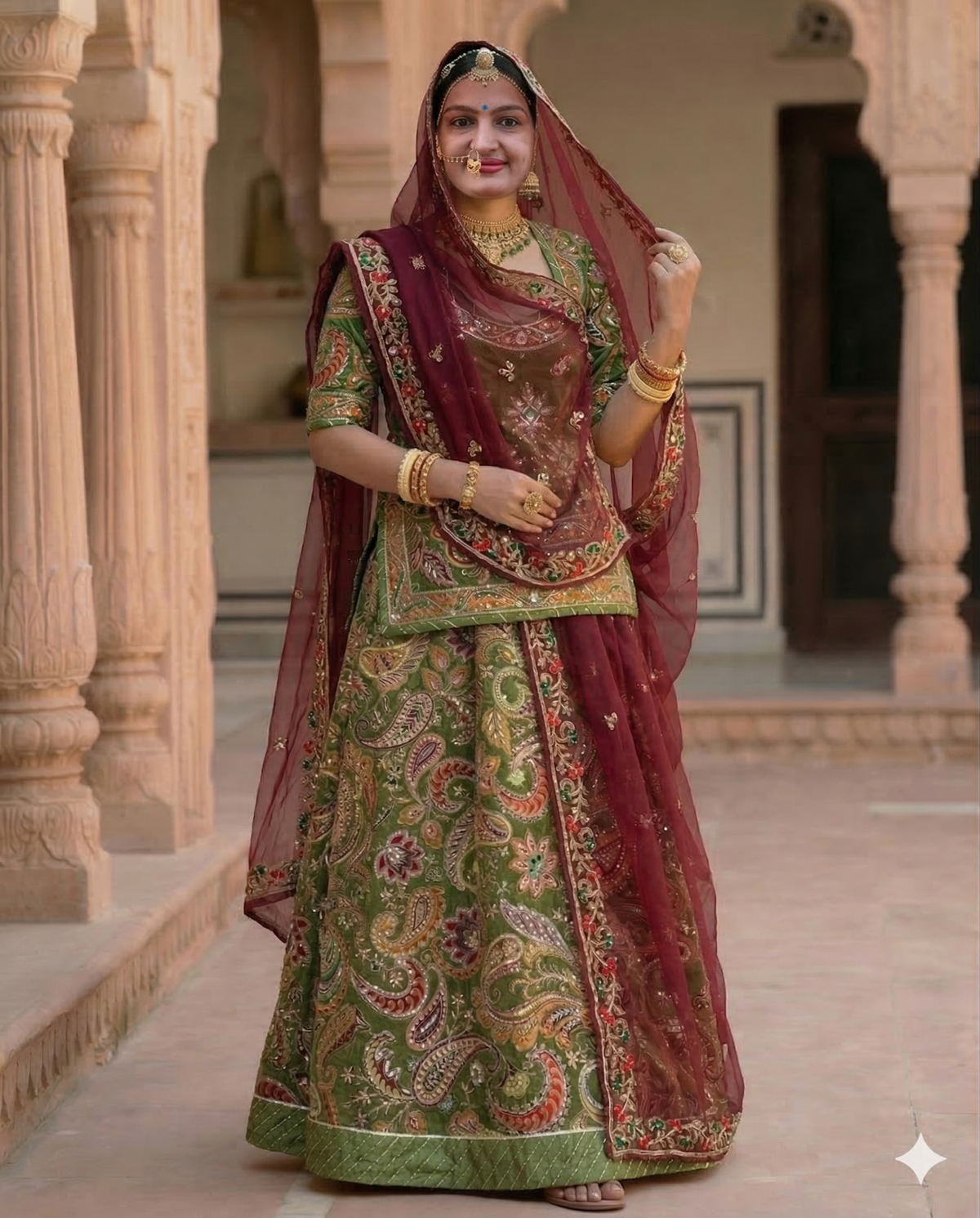 Woman in traditional green and red embroidered outfit standing in a decorative interior setting.