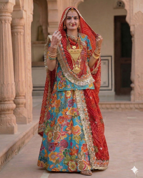 Royal Floral Crepe Silk Kapda for Rajputi Poshak | Premium Traditional Fabric (Per Meter)