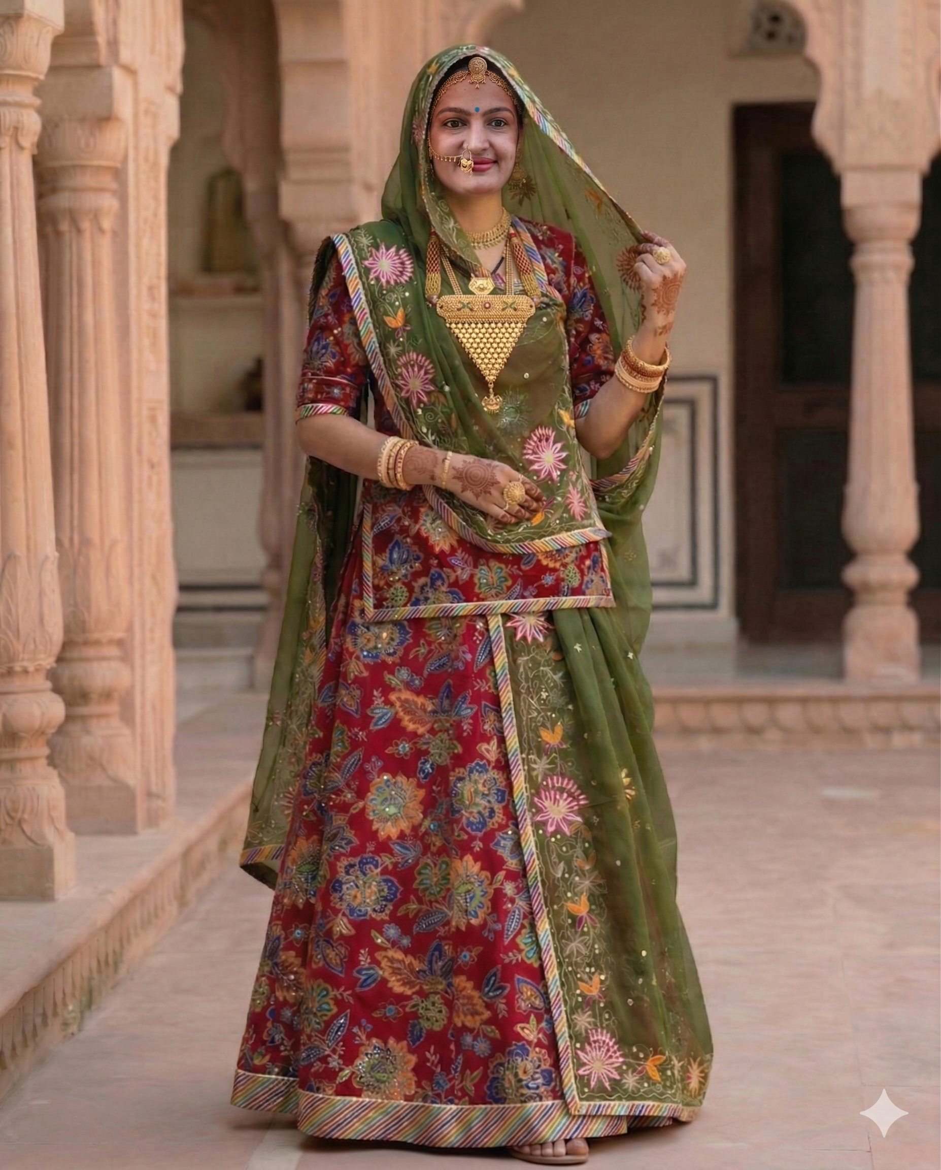 Woman in traditional Indian attire with a floral dress and green dupatta in an architectural setting.