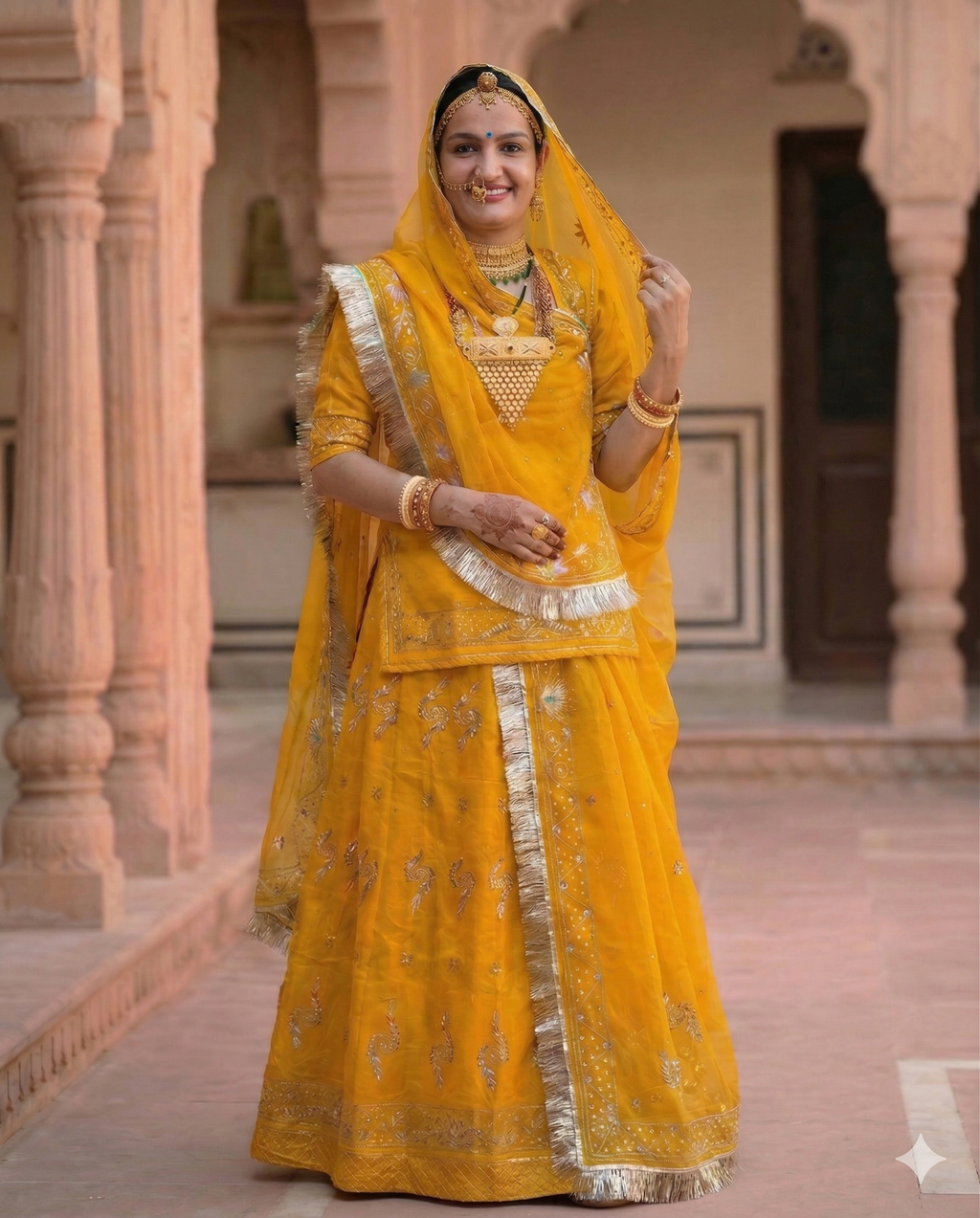 Woman in a traditional yellow and gold outfit standing in an architectural setting.