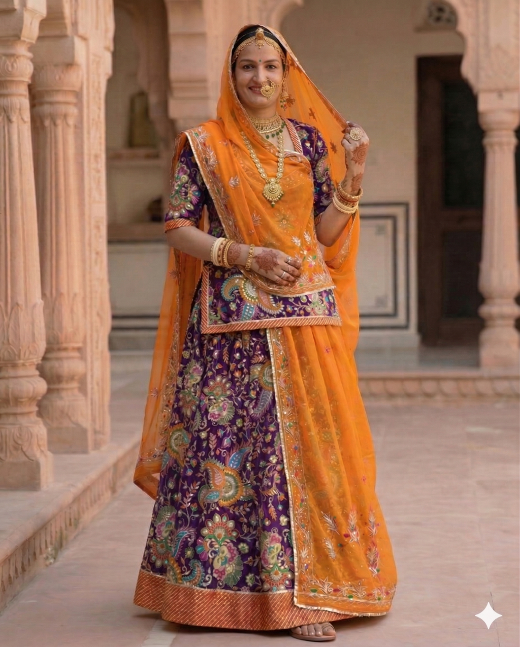 Woman in traditional orange and purple saree with jewelry in an architectural setting