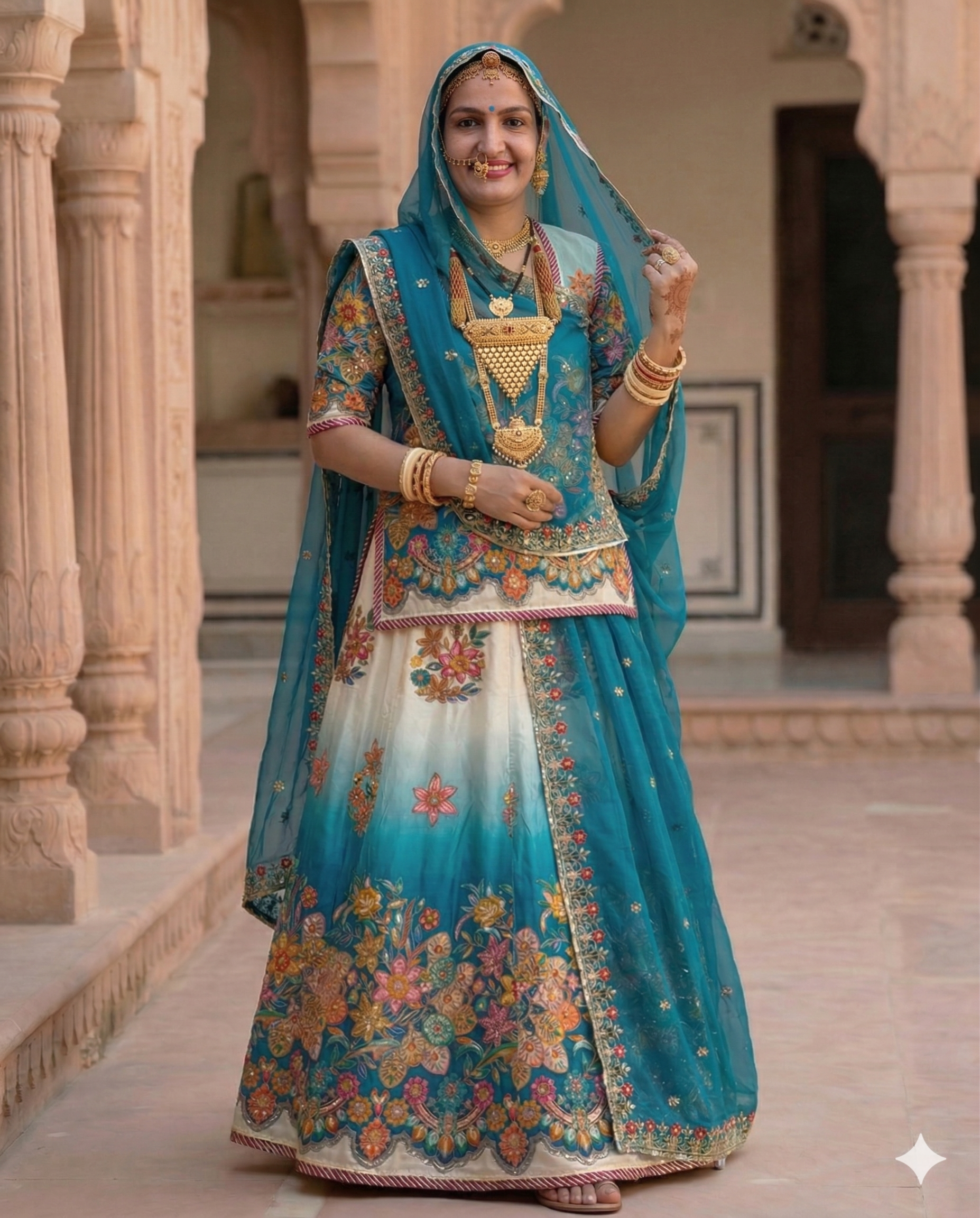 Royal Teal Floral Rajputi Poshak Pure Kapda | Traditional Rajasthani Bridal Lehenga Set with Odhni