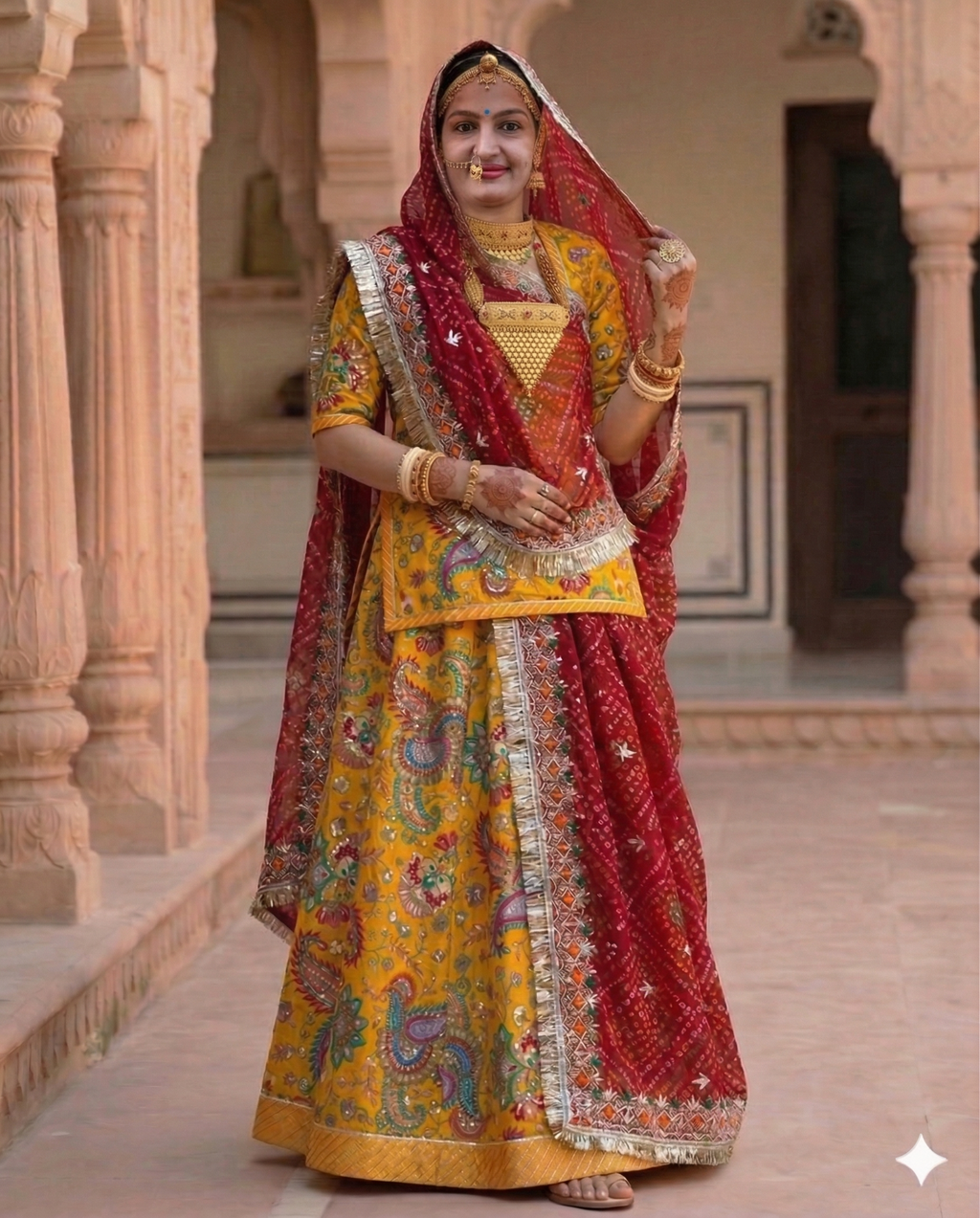 Woman in traditional colorful attire standing in an architectural setting