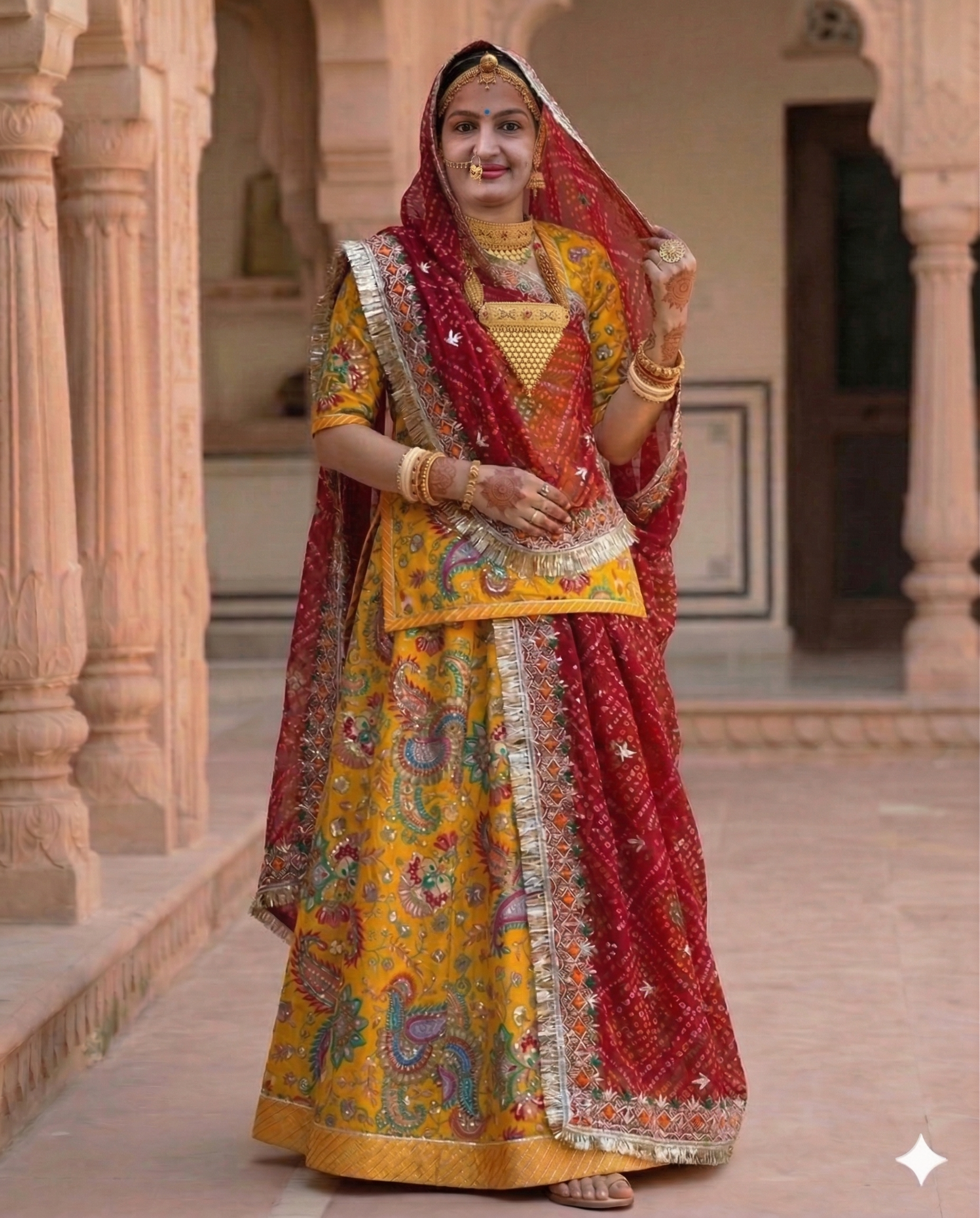 Woman in traditional colorful attire standing in an architectural setting