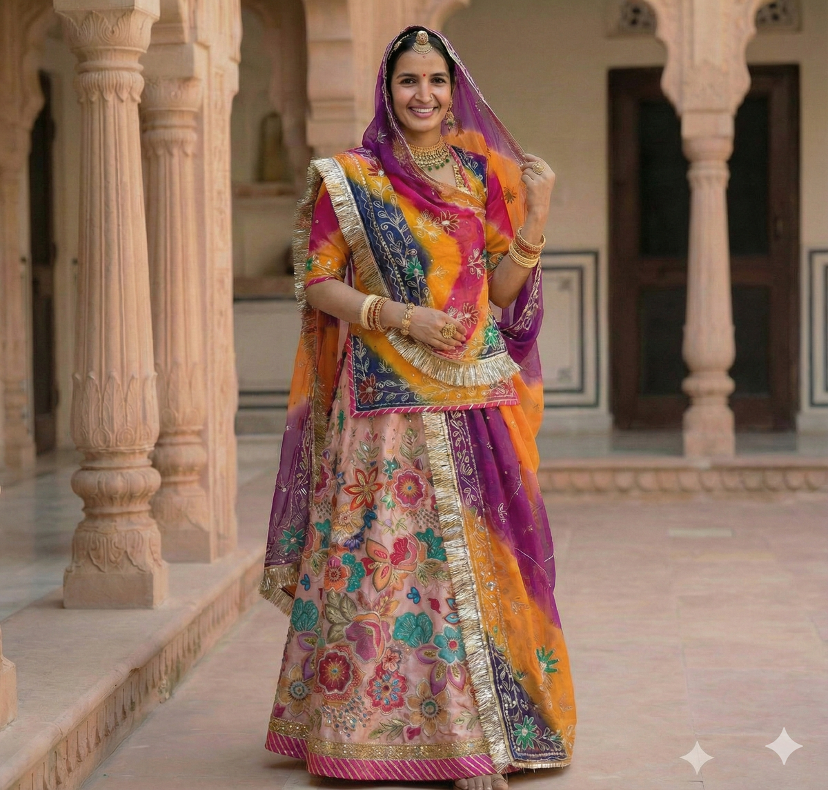 Woman in a colorful traditional outfit standing in an architectural setting