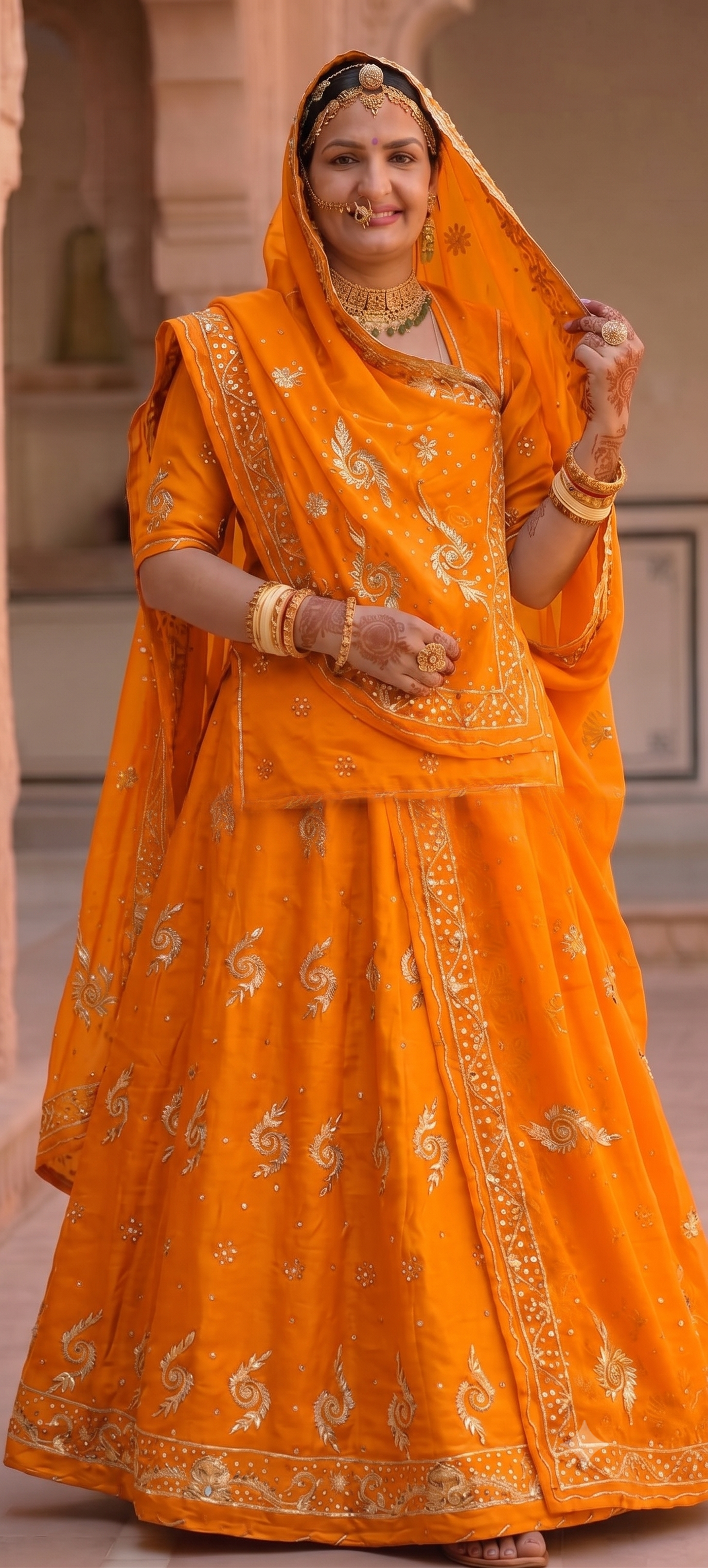 A woman wearing a bright orange traditional embroidered outfit with a matching head covering, standing indoors against a light stone architectural background.
