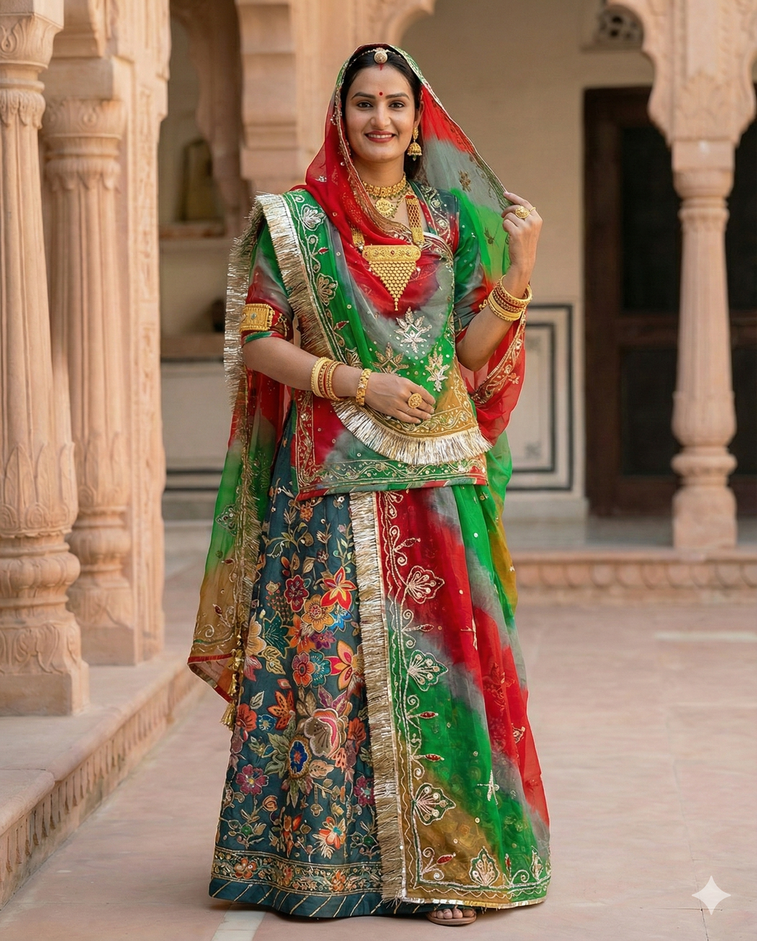Woman in traditional Indian attire with intricate patterns and jewelry, standing in a decorative interior setting.