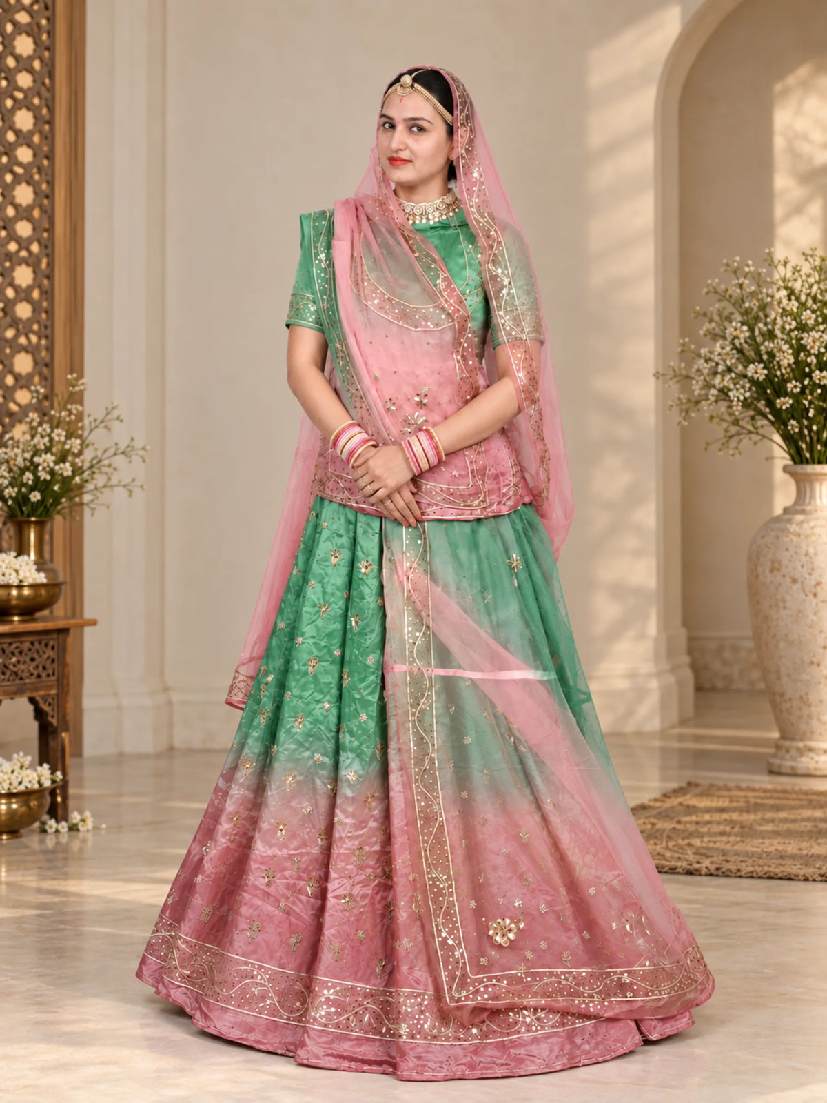 Green & Blush Pink Ghevar Design Rajputi Poshak | Natural Pure Crepe Fabric with Thakhurji Pure Odhni | Traditional Rajasthani Dress