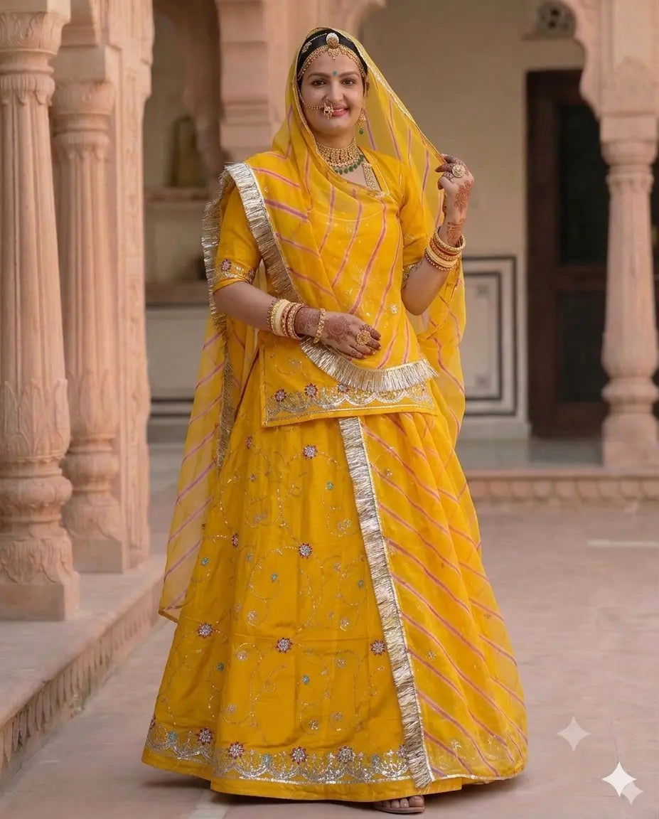 Rajputi Poshak - Cotton Suit With Humrahi Lehriya Odhni - Yellow With Same Colour Humrahi Odhni