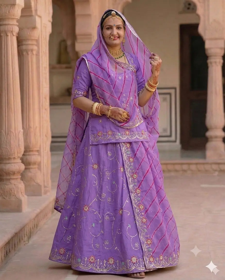 Rajputi Poshak- Cotton Suit With Humrahi Lehriya Odhni - Purple With Same Colour Humrahi Odhni
