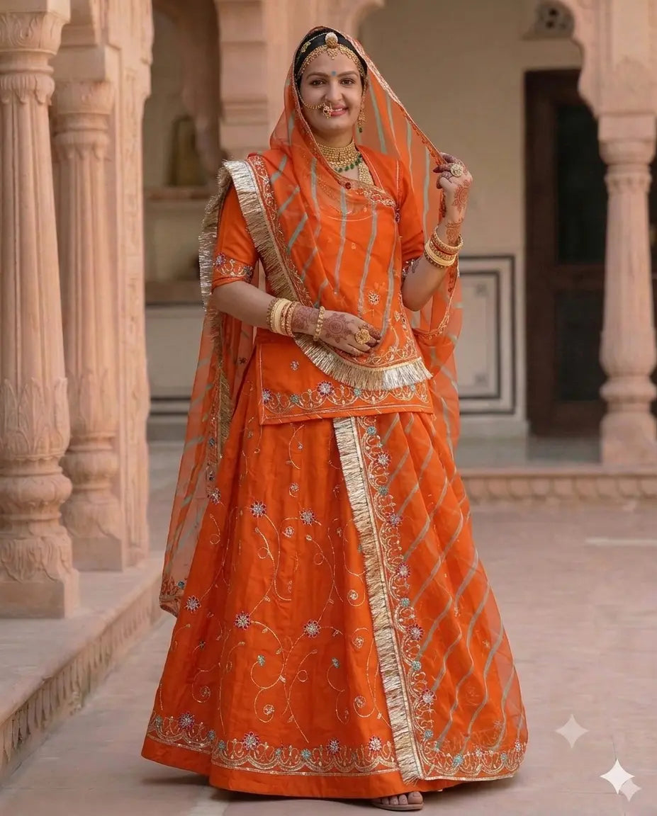 Rajputi Poshak - Cotton Suit With Humrahi Lehriya Odhni - Orange With Same Colour Humrahi Odhni