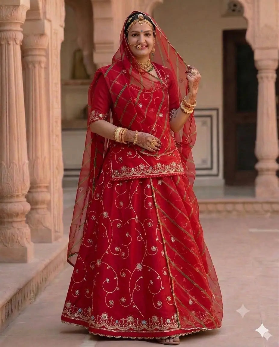 Rajputi Poshak - Cotton Suit With Humrahi Lehriya Odhni - Red With Same Colour Humrahi Odhni