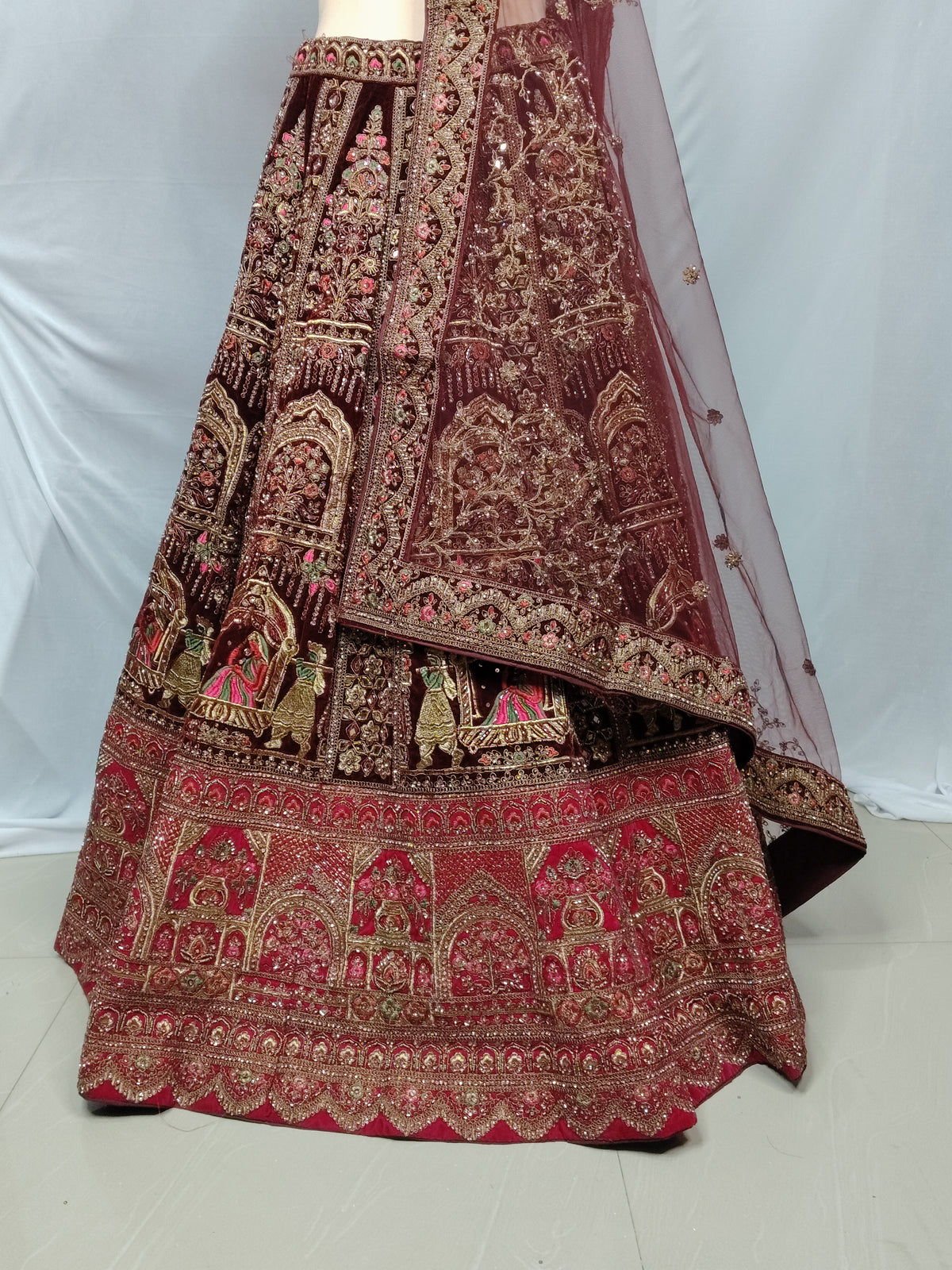 Maroon Velvet Bridal Lehenga – Barat Dholi Design | Zari + Zircon Work