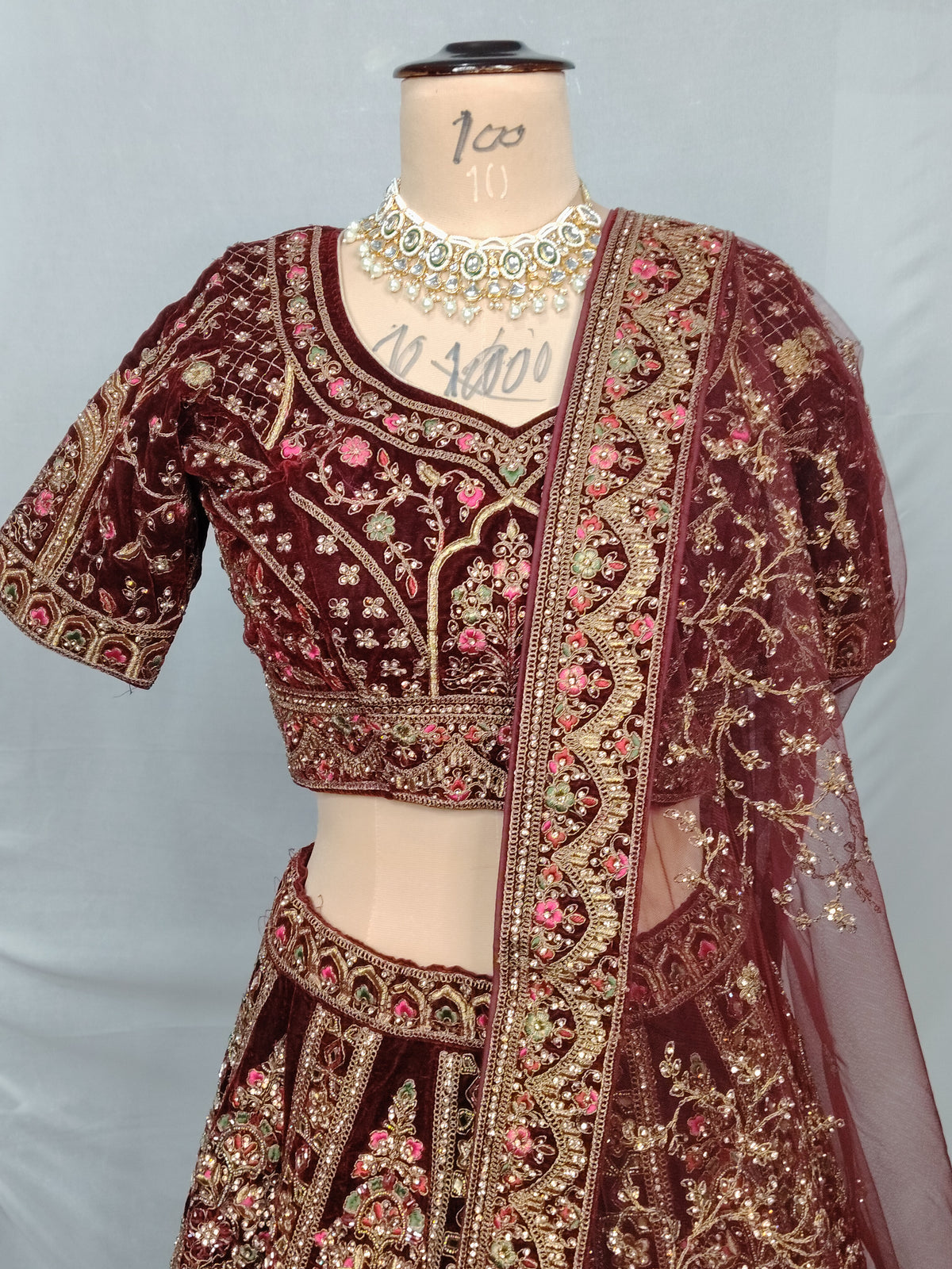 Maroon Velvet Bridal Lehenga – Barat Dholi Design | Zari + Zircon Work