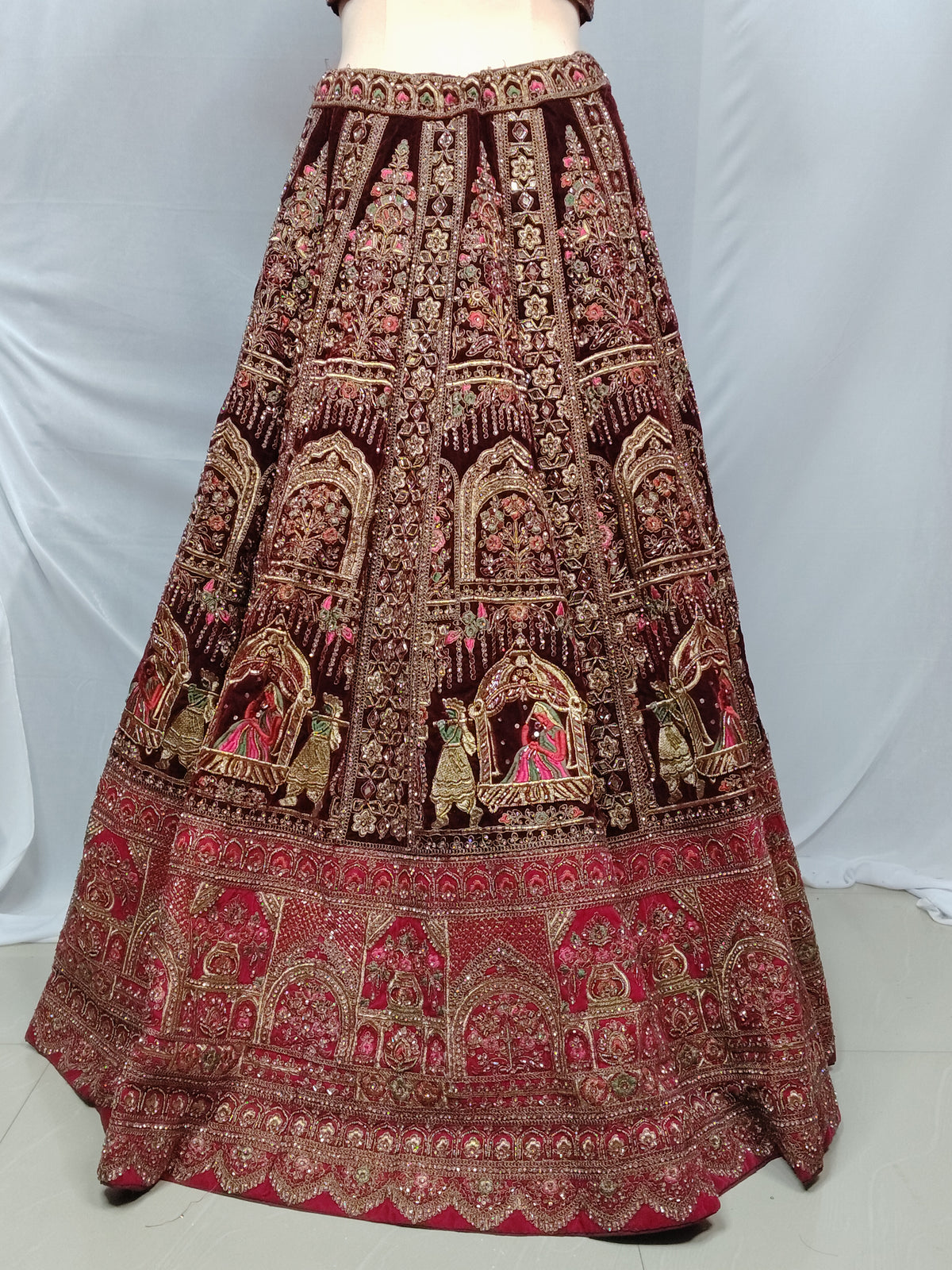 Maroon Velvet Bridal Lehenga – Barat Dholi Design | Zari + Zircon Work
