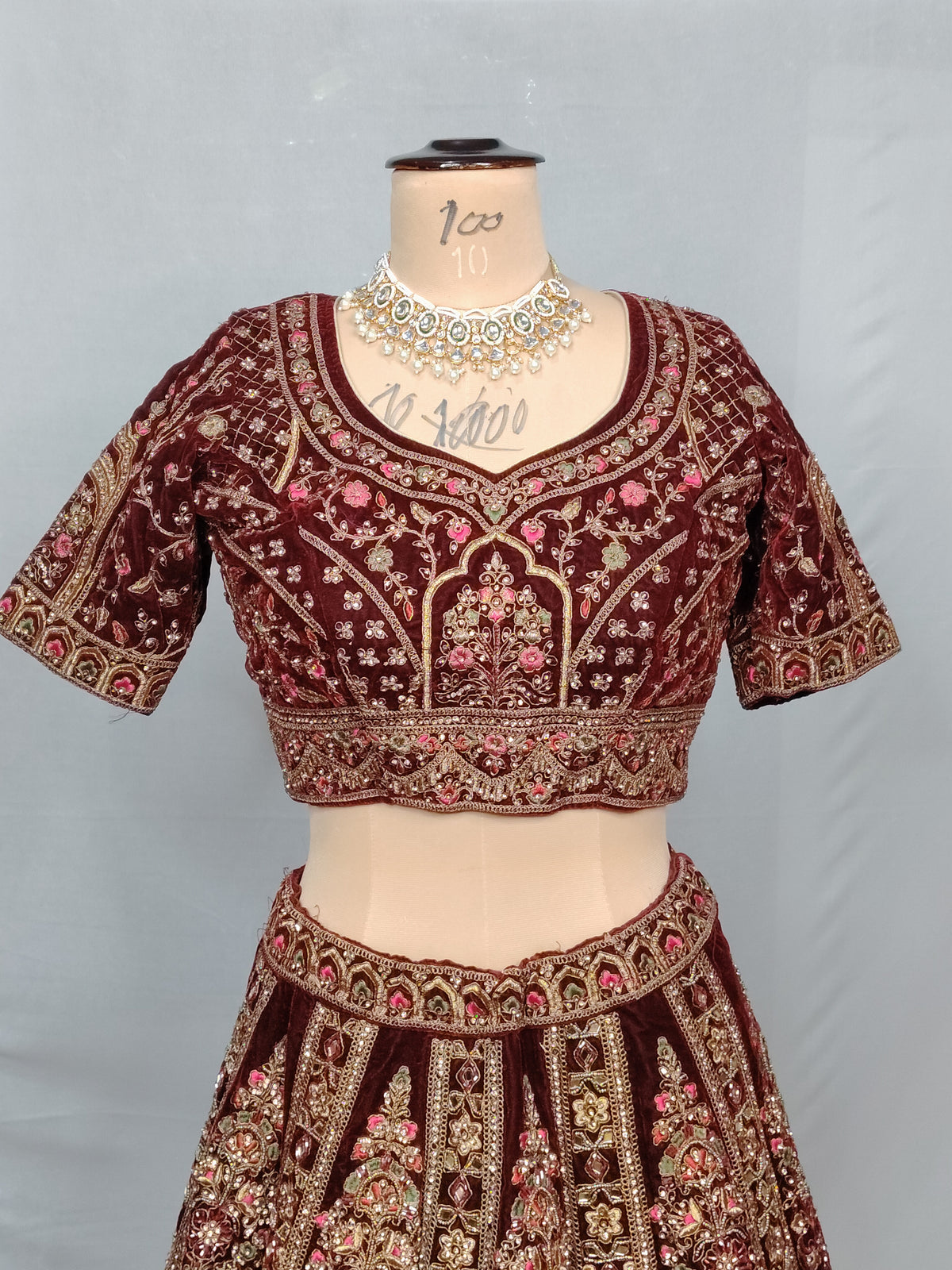 Maroon Velvet Bridal Lehenga – Barat Dholi Design | Zari + Zircon Work