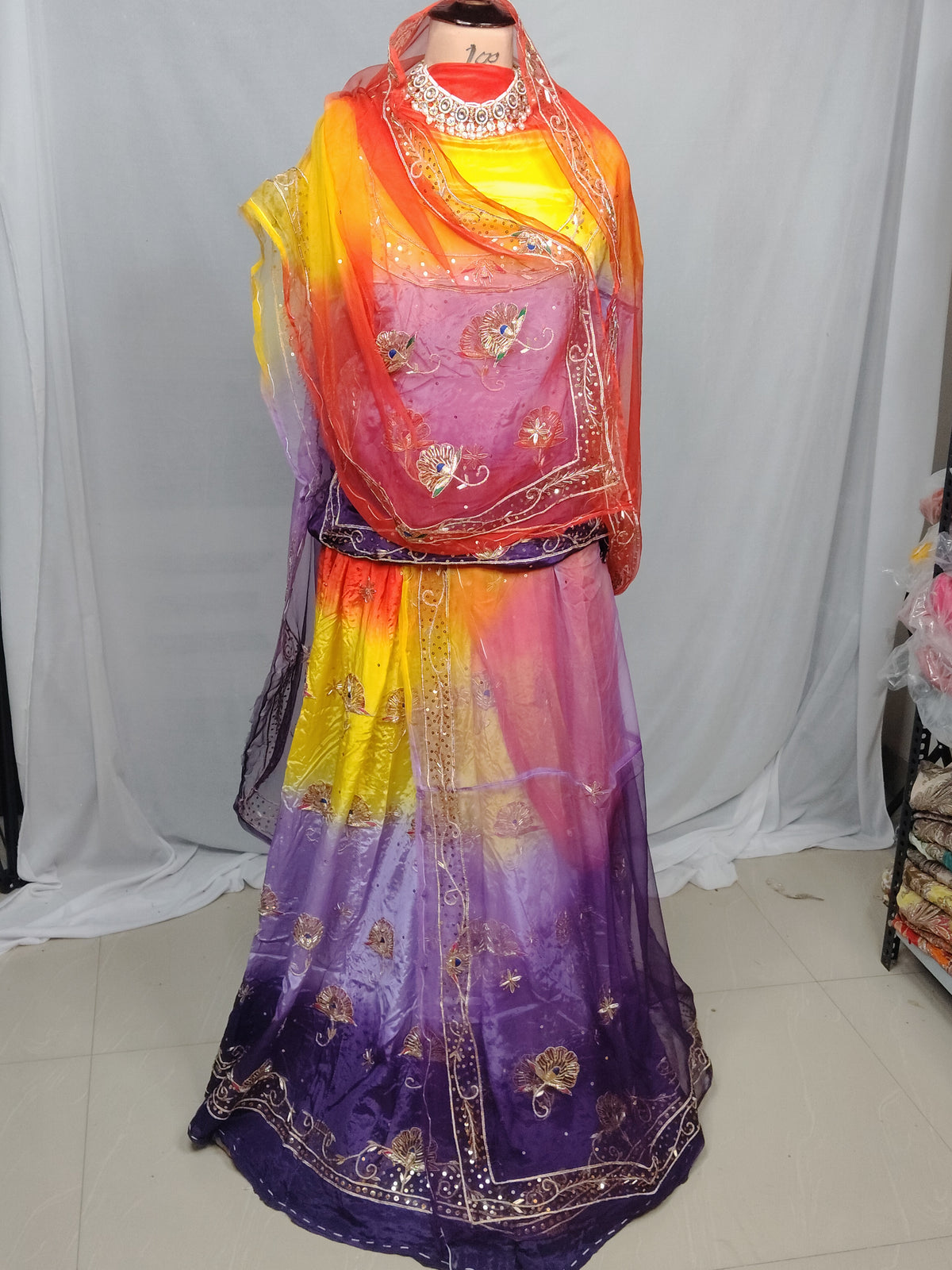 Rajputi Dress - Mor Pankh Pure Poshak With Thakhurji Pure Odhni - Bengani, Yellow, Orange With Same Colour Odhni