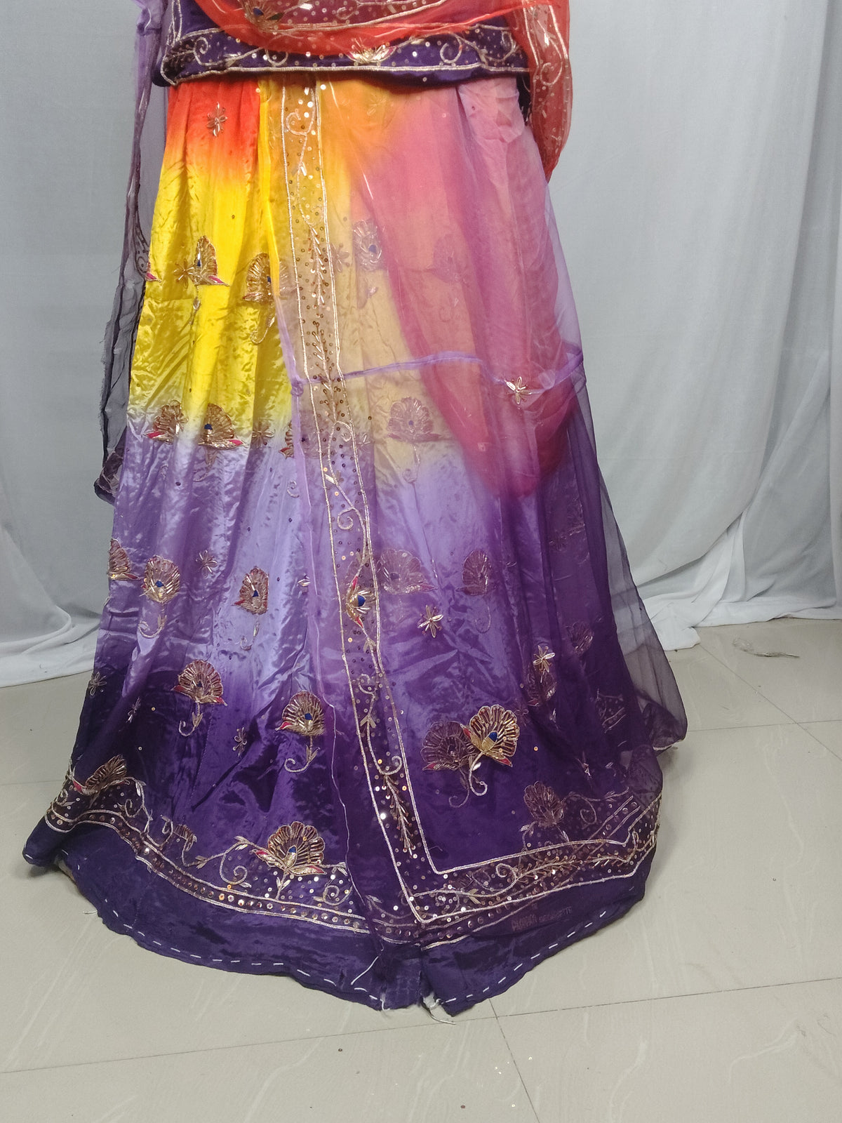 Rajputi Dress - Mor Pankh Pure Poshak With Thakhurji Pure Odhni - Bengani, Yellow, Orange With Same Colour Odhni