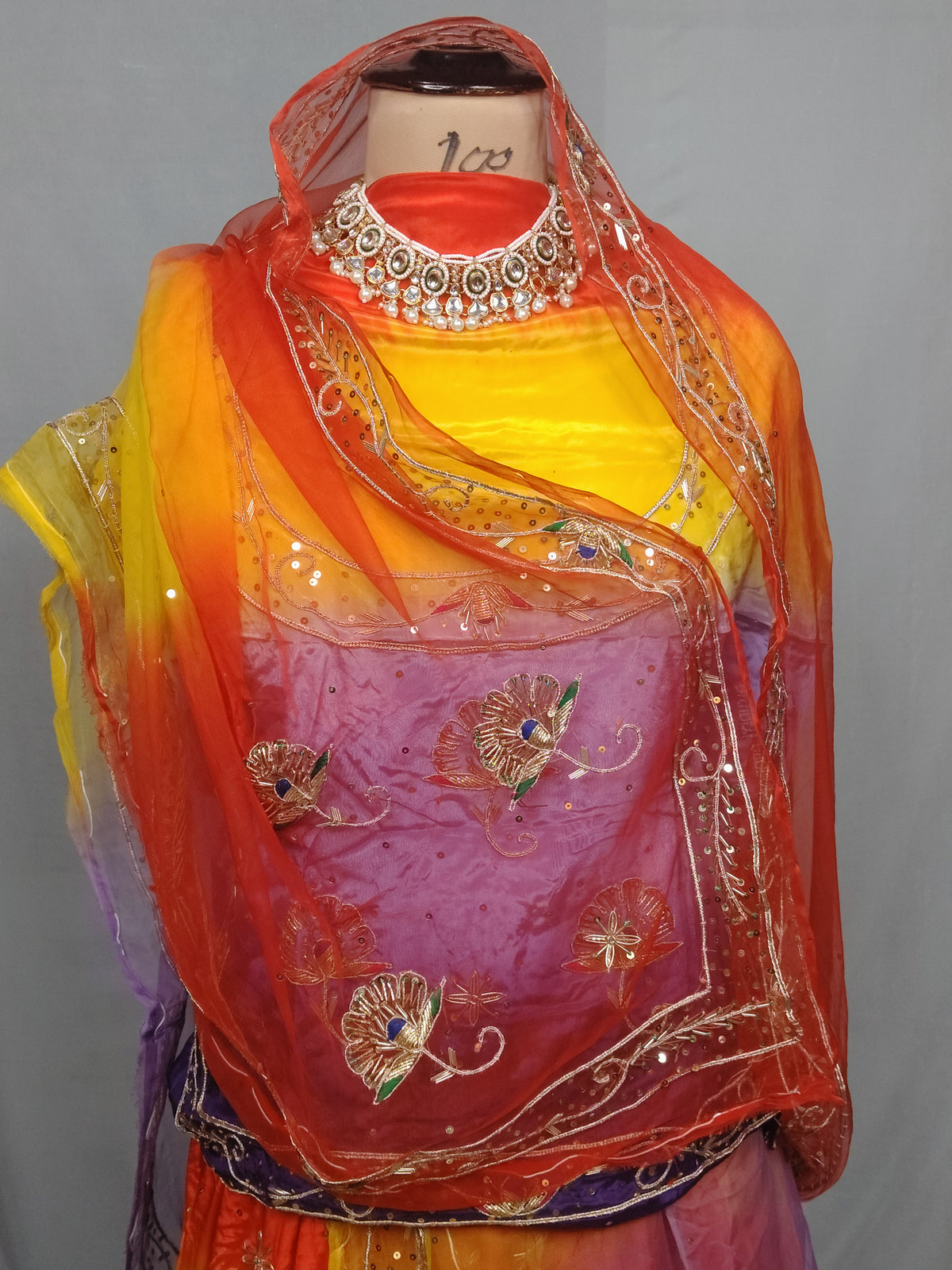 Rajputi Dress - Mor Pankh Pure Poshak With Thakhurji Pure Odhni - Bengani, Yellow, Orange With Same Colour Odhni